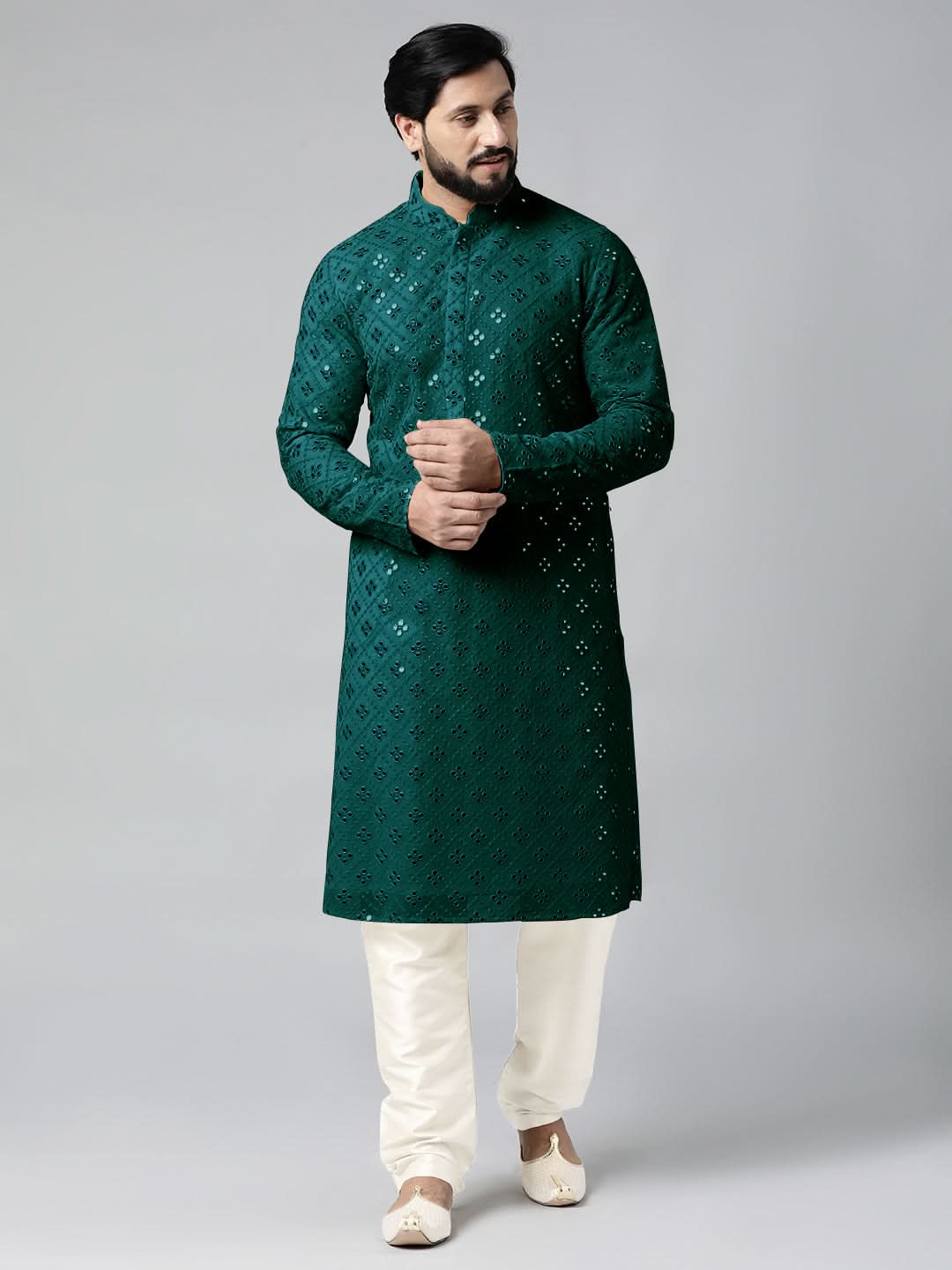 Teal Mirror Embroidery Kurta Set
