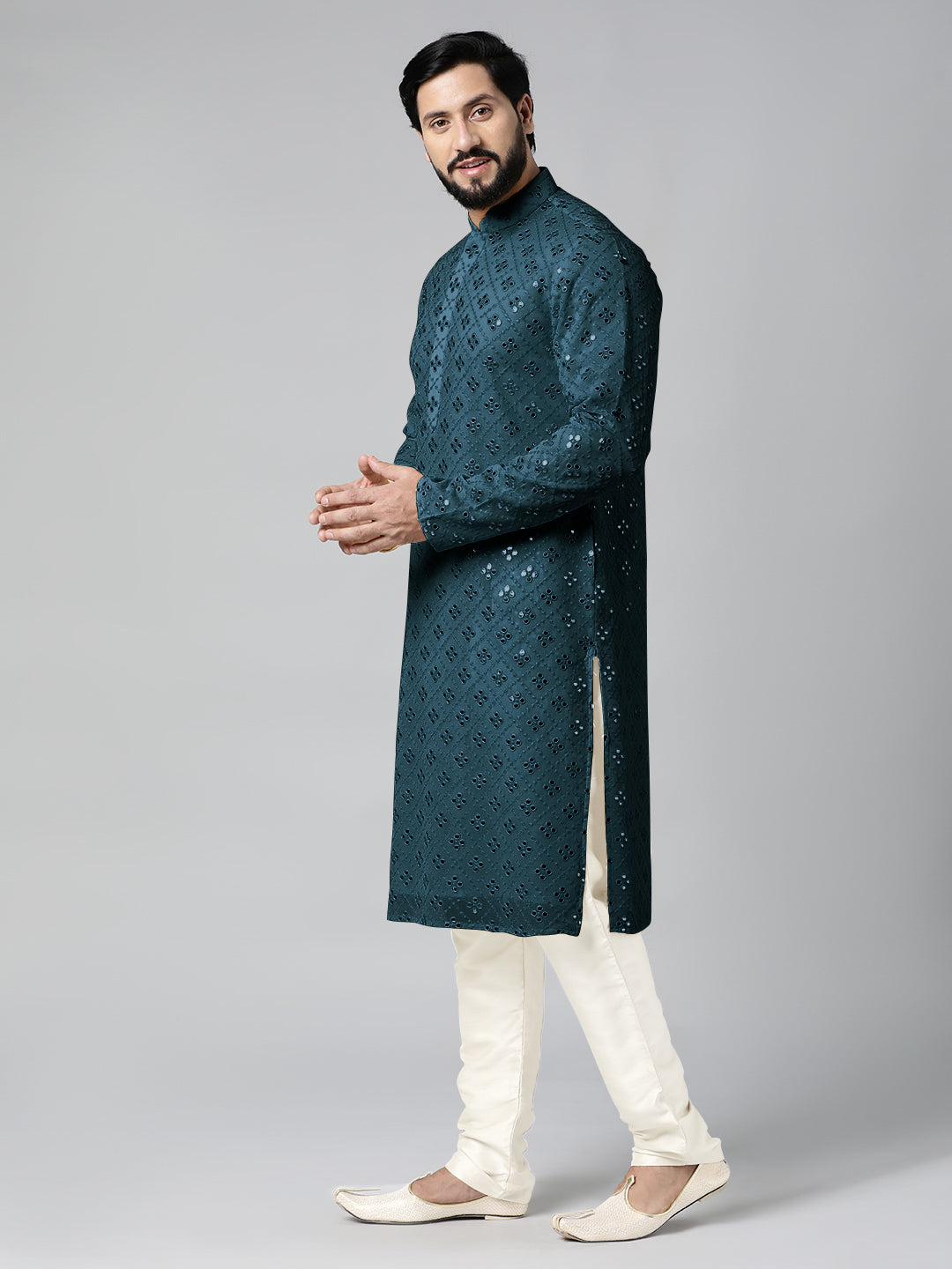Teal Blue Mirror Embroidery Kurta Set