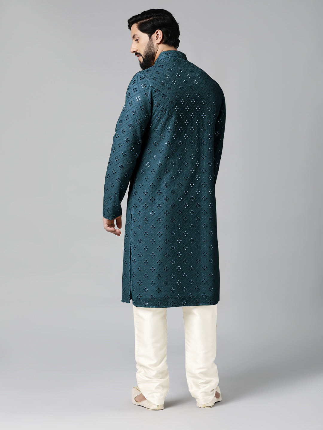 Teal Blue Mirror Embroidery Kurta Set