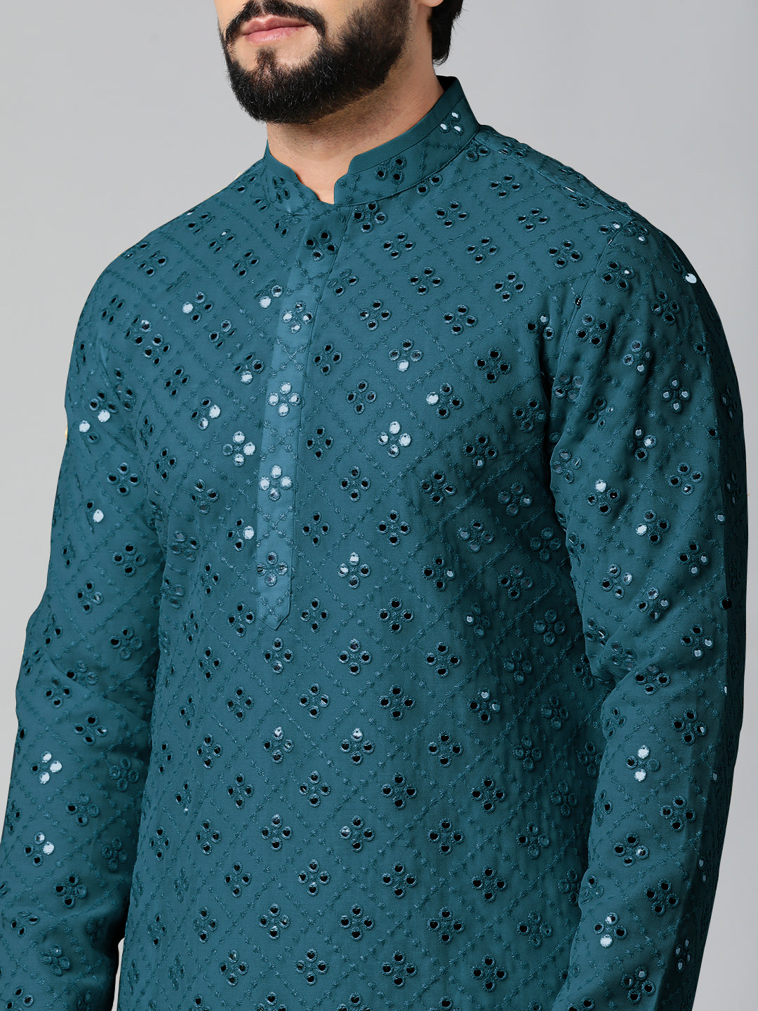 Teal Blue Mirror Embroidery Kurta Set