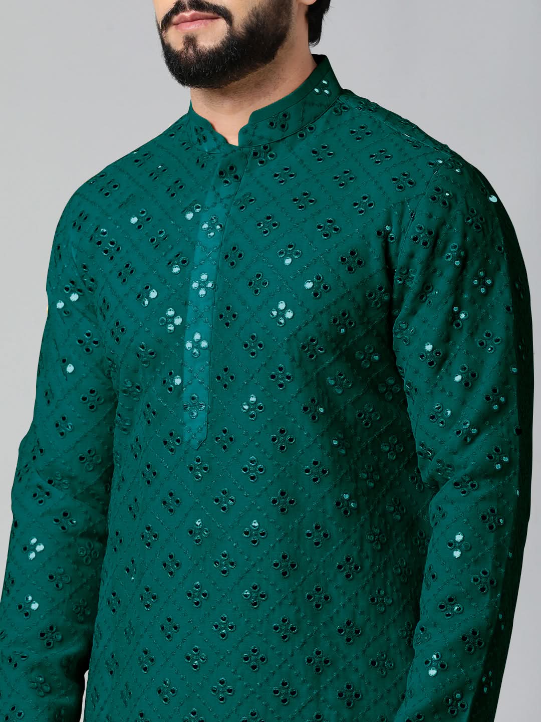Teal Mirror Embroidery Kurta Set