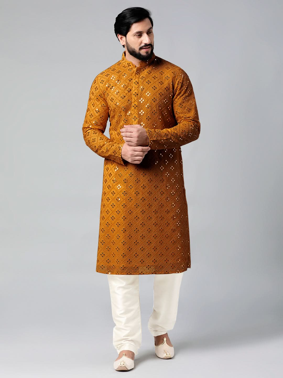 Mustard Mirror Embroidery Kurta Set