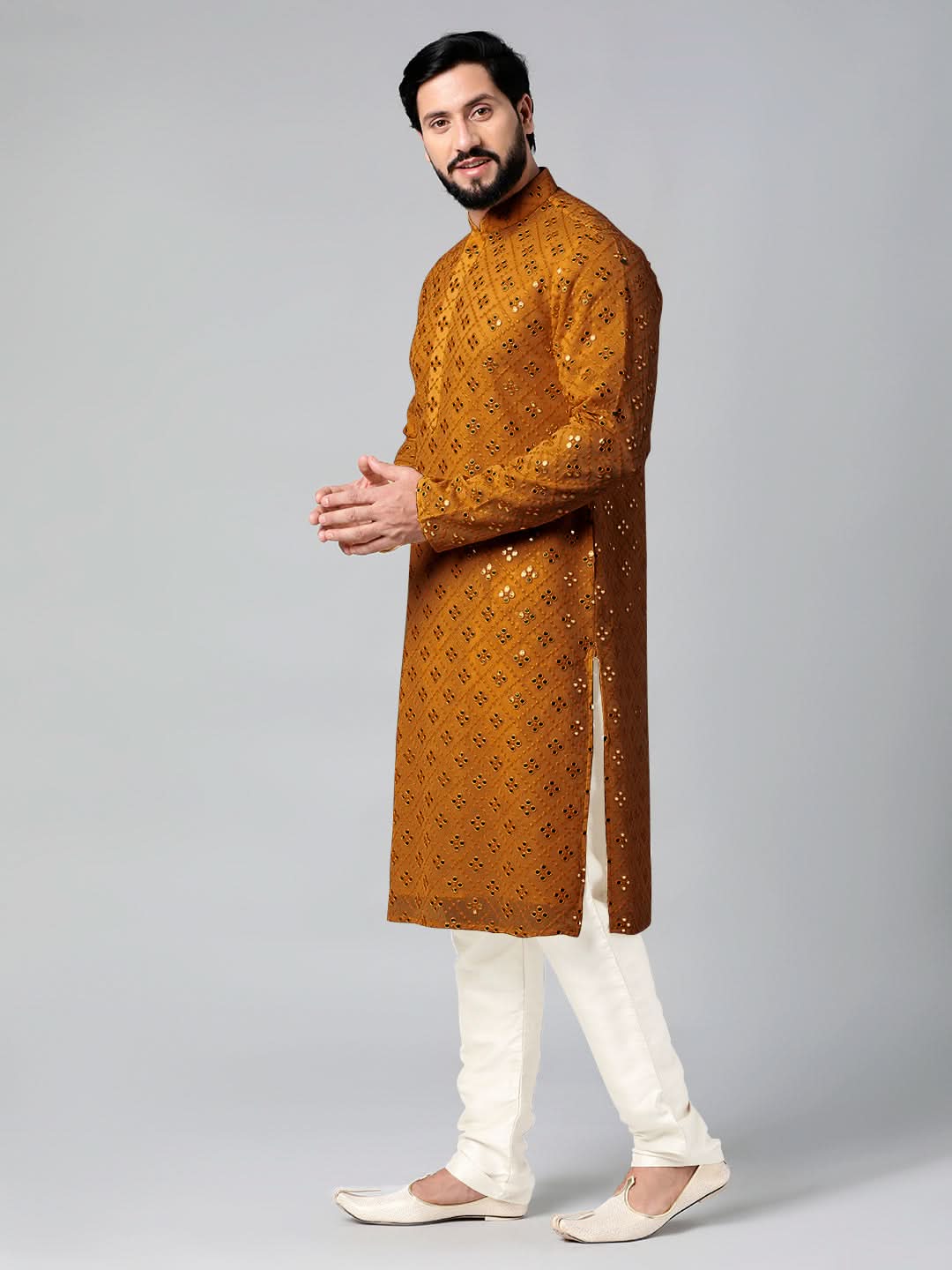 Mustard Mirror Embroidery Kurta Set