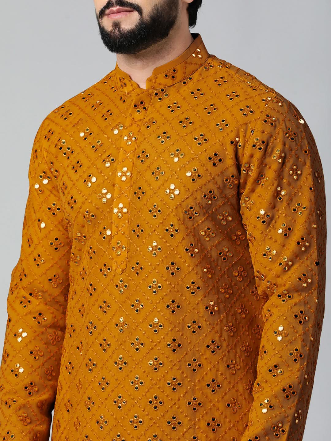 Mustard Mirror Embroidery Kurta Set