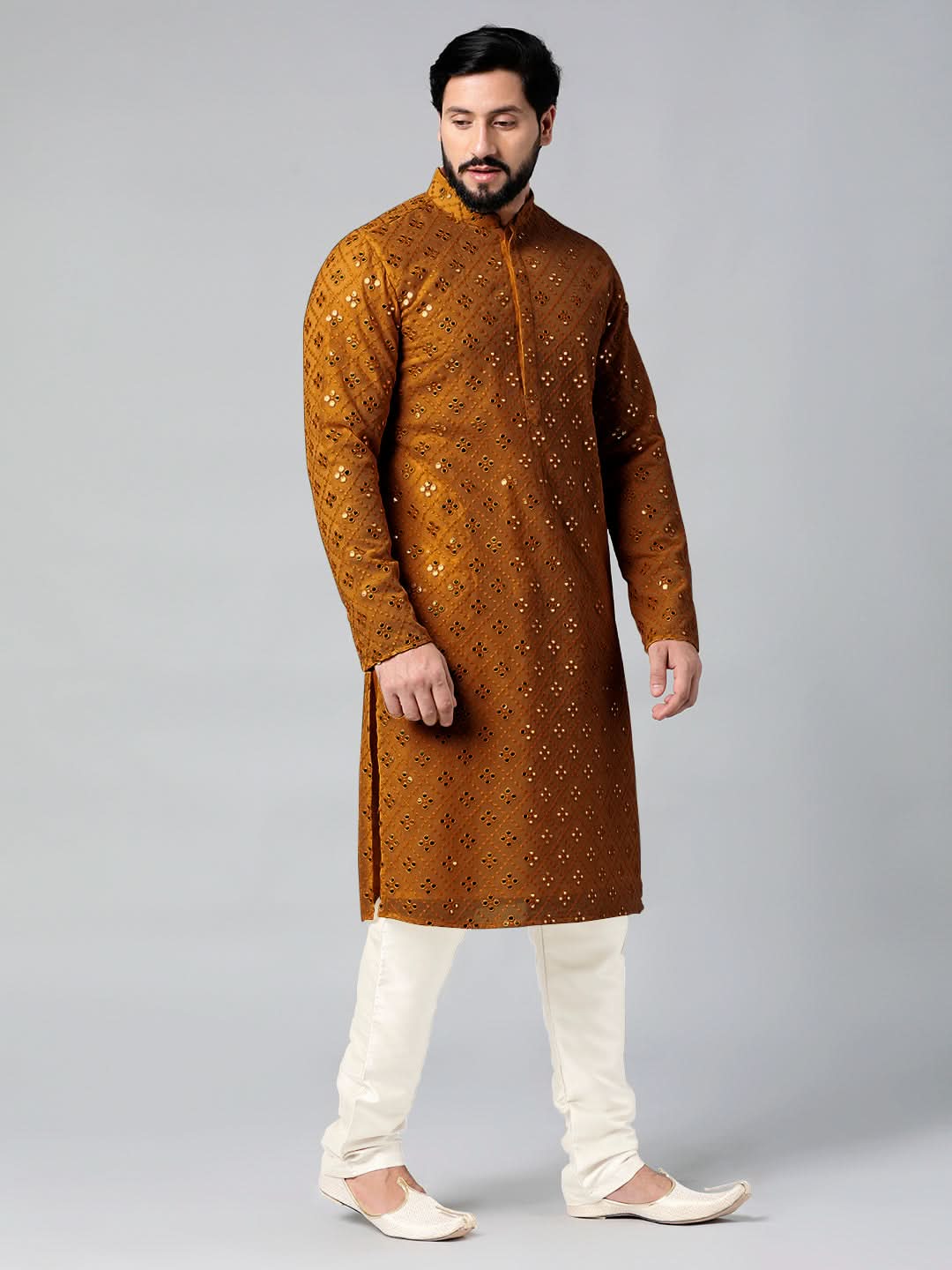 Mustard Mirror Embroidery Kurta Set