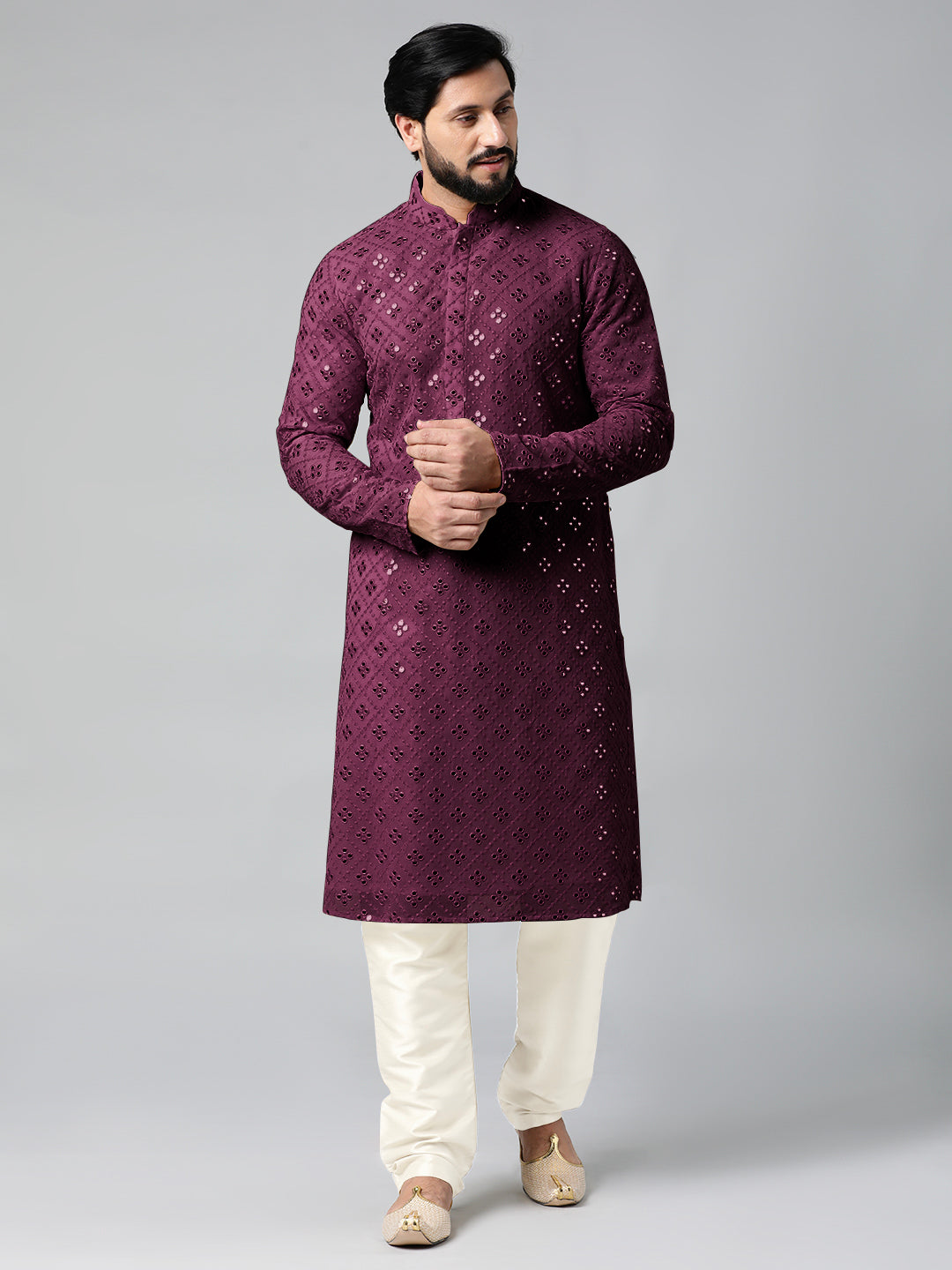 Purple Mirror Embroidery Kurta Set