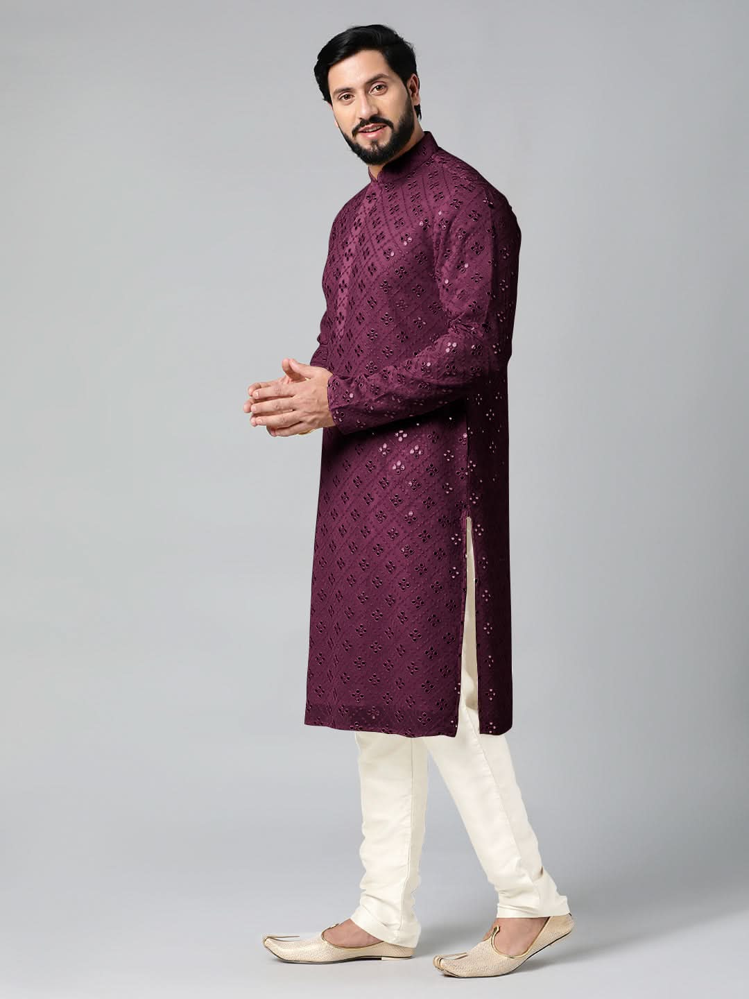 Purple Mirror Embroidery Kurta Set