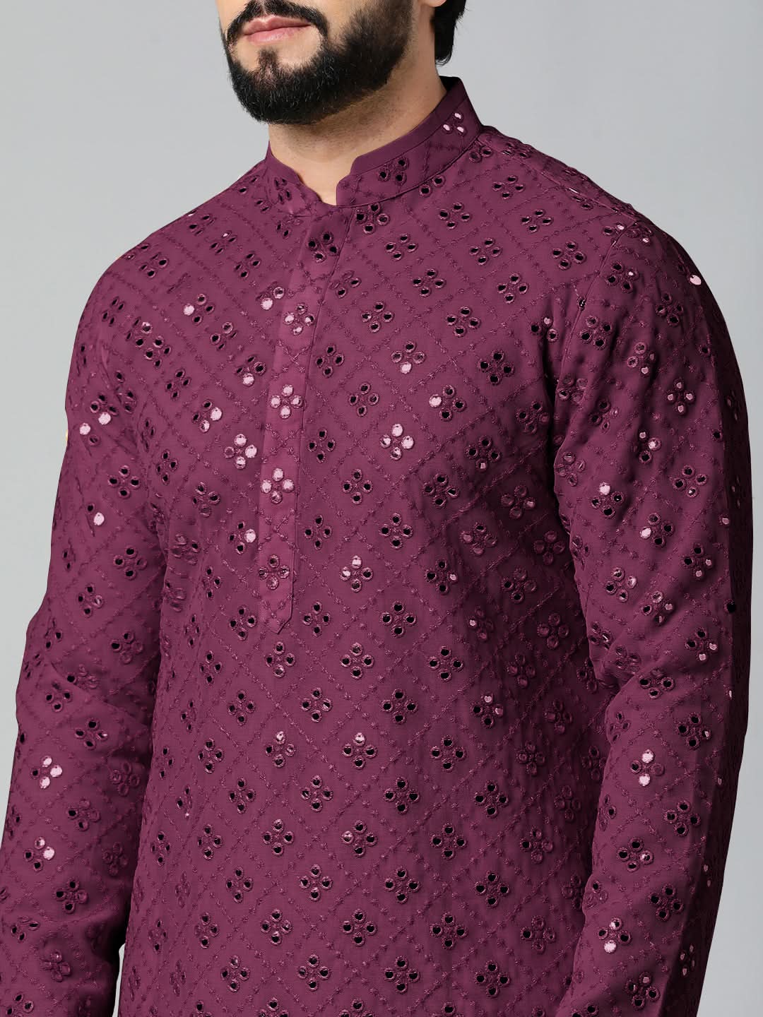 Purple Mirror Embroidery Kurta Set