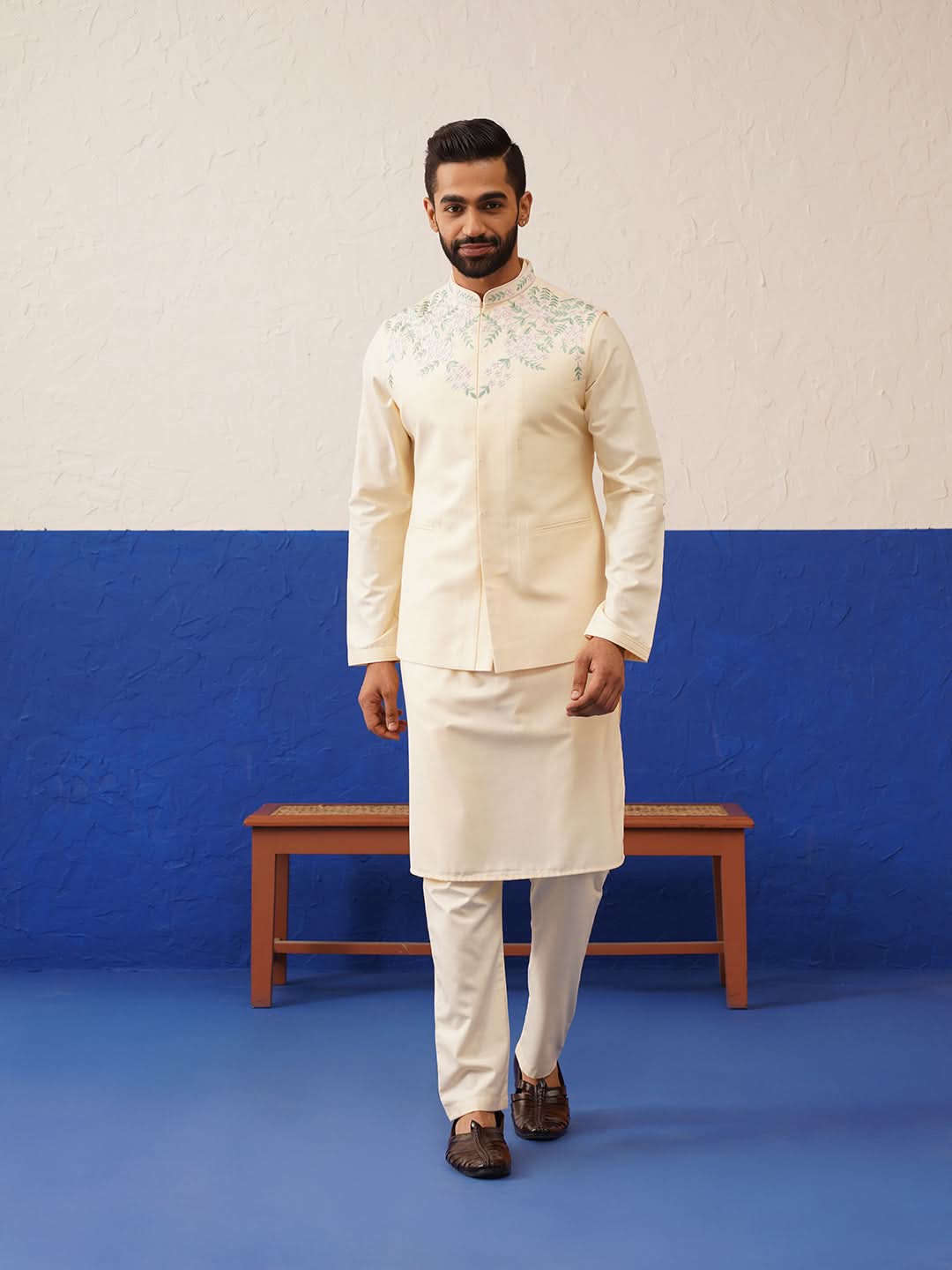 Cream Embroidered Jacket Kurta Set