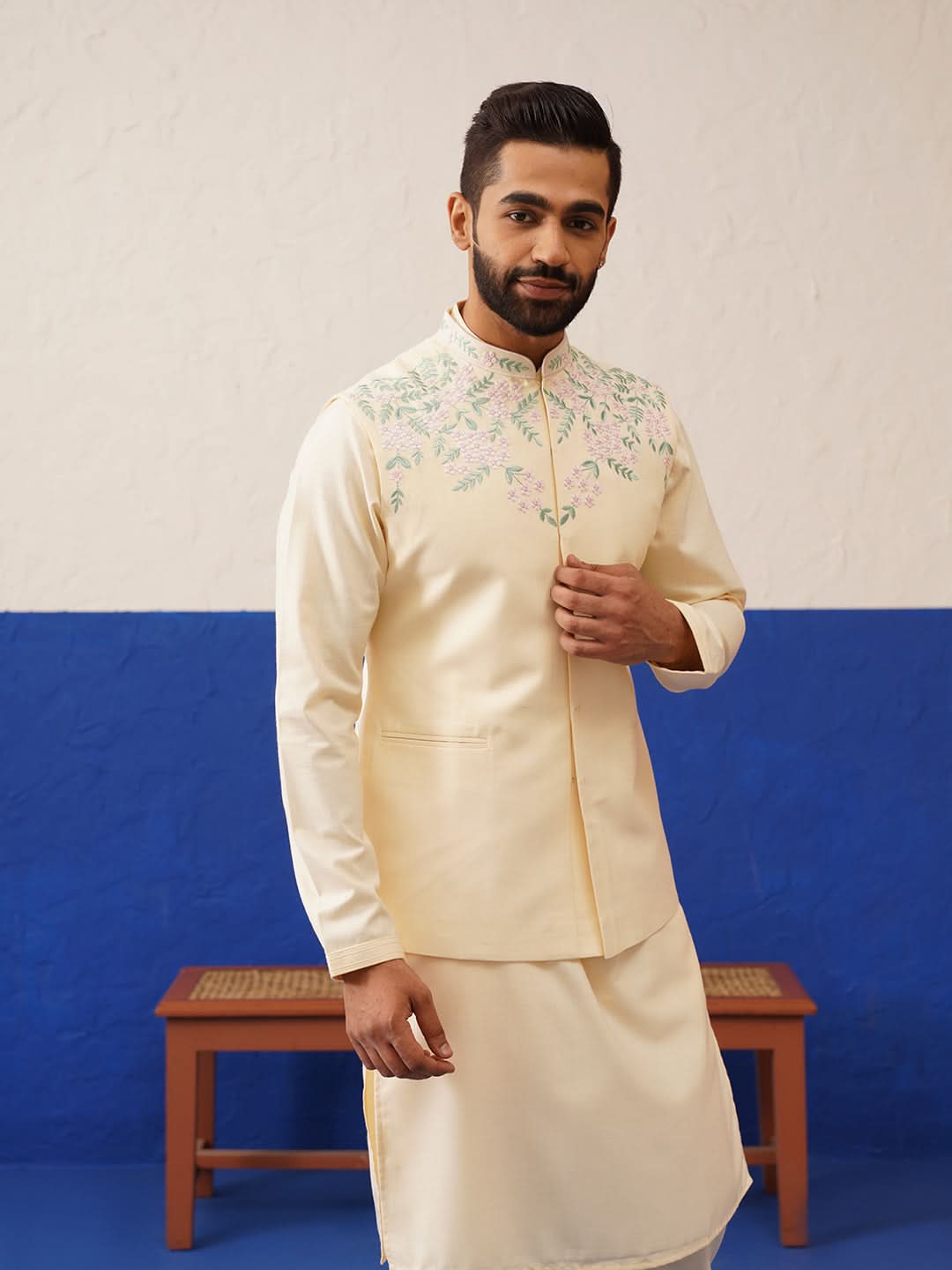 Cream Embroidered Jacket Kurta Set