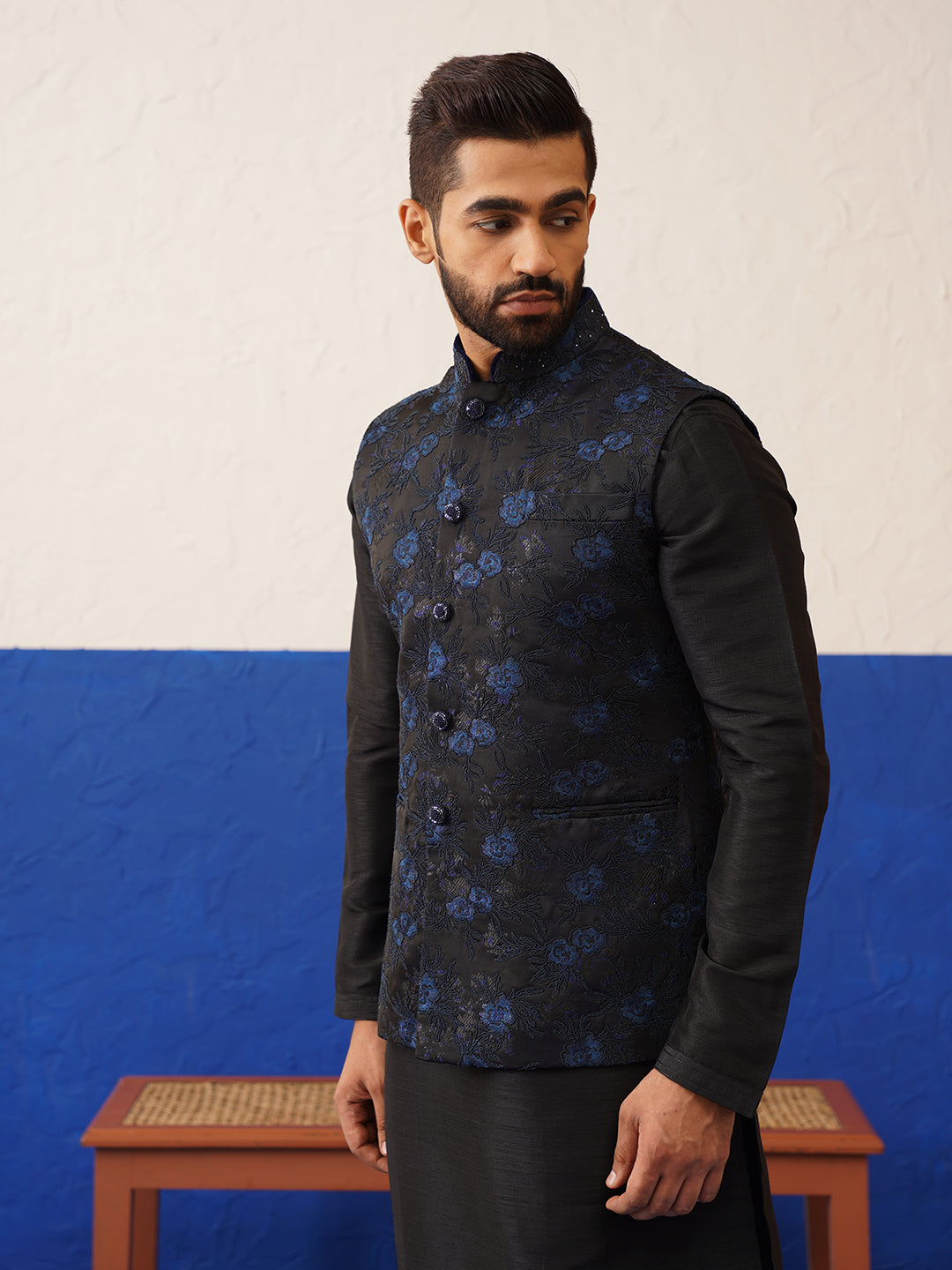 Navy Embroidered Jacket with Black Kurta set