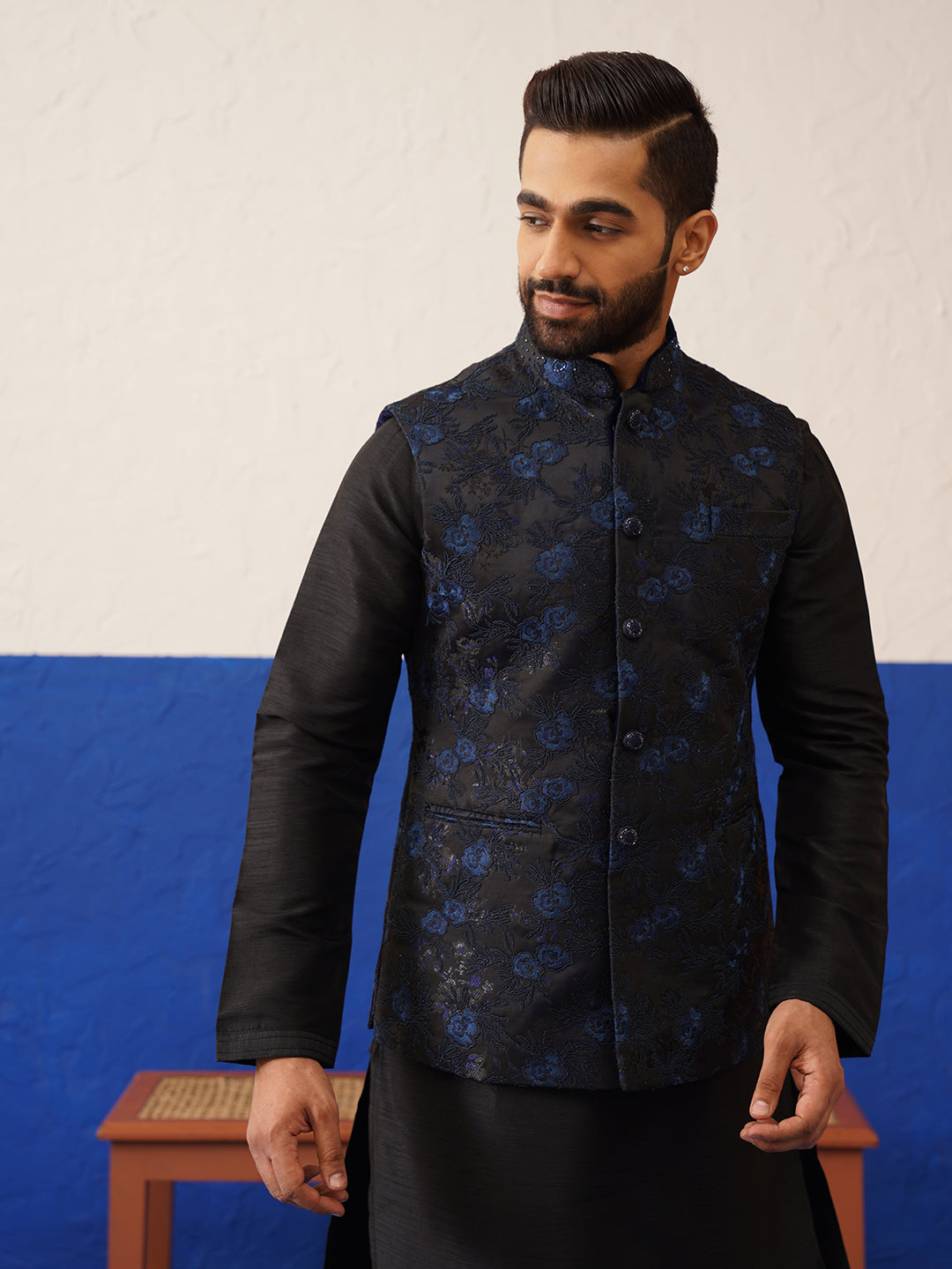Navy Embroidered Jacket with Black Kurta set