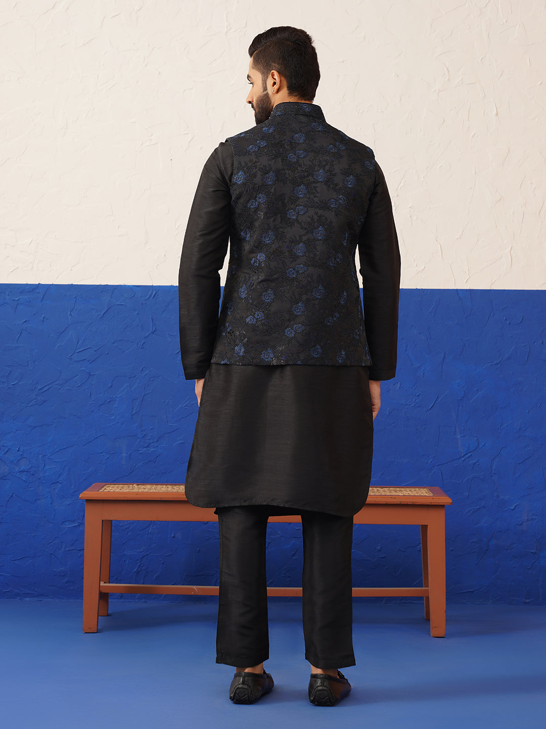 Navy Embroidered Jacket with Black Kurta set