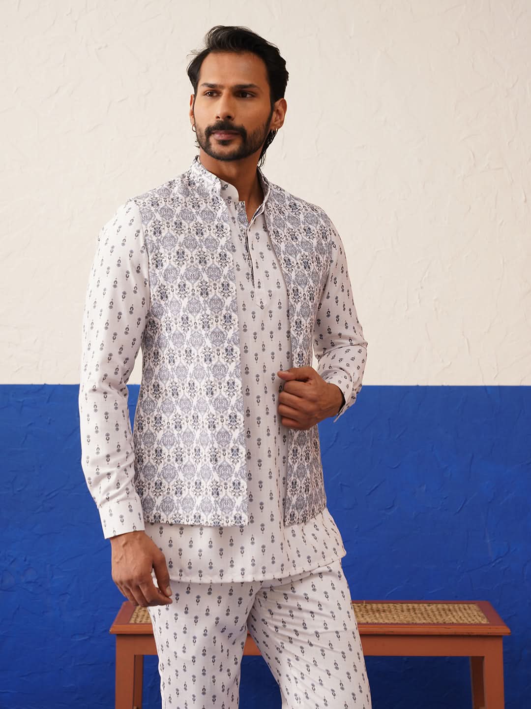 Cream Printed Jacket Kurta Set