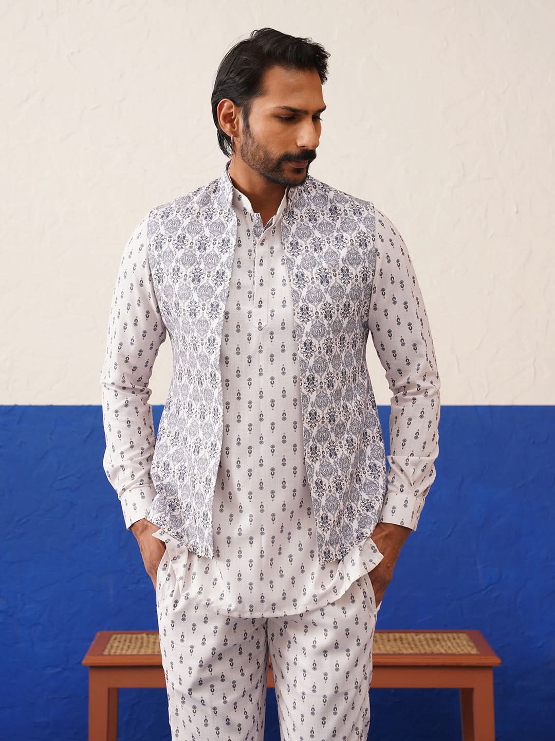 Cream Printed Jacket Kurta Set