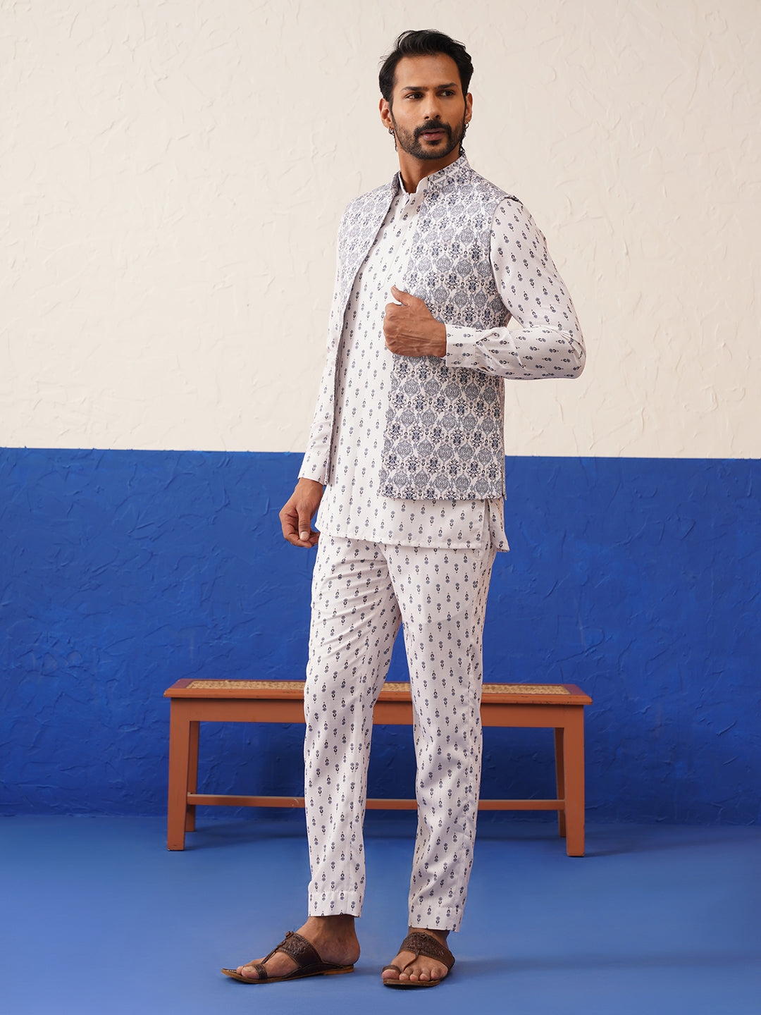 Cream Printed Jacket Kurta Set