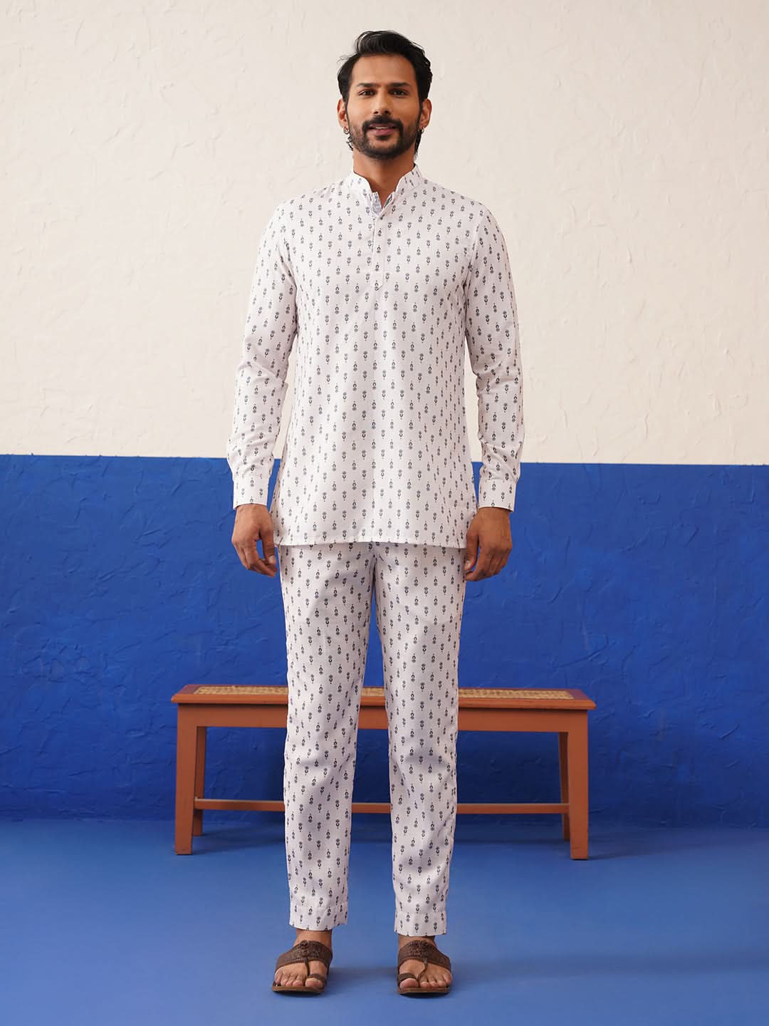 Cream Printed Jacket Kurta Set