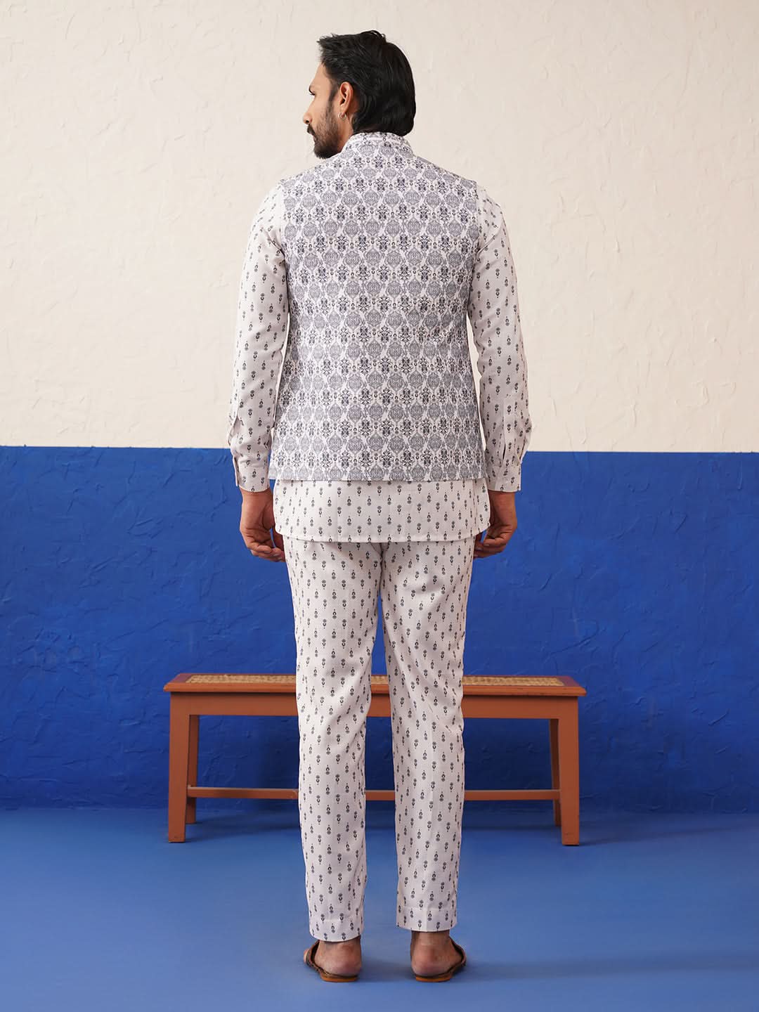 Cream Printed Jacket Kurta Set