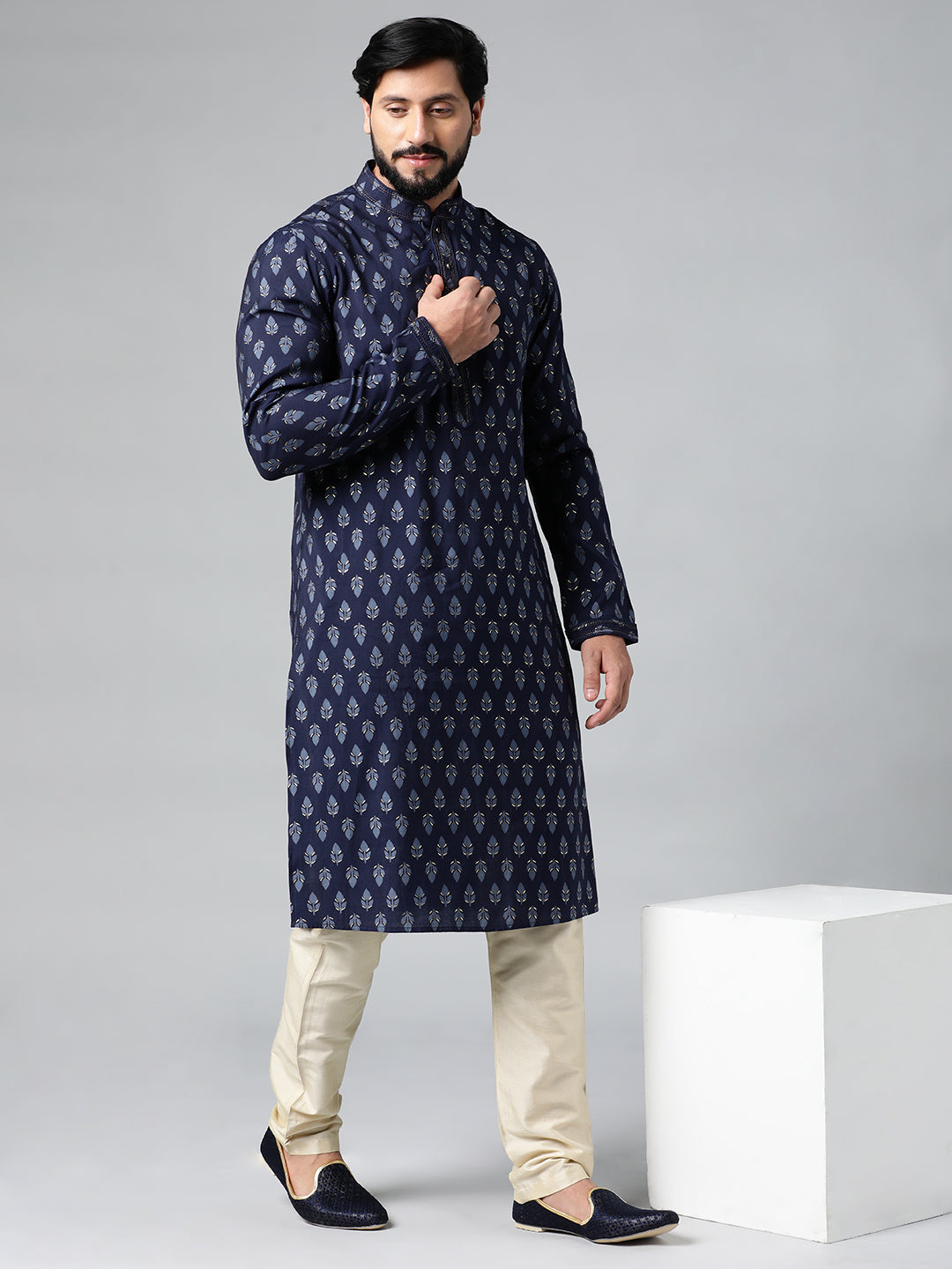 Navy Blue Block Printed Kurta Set