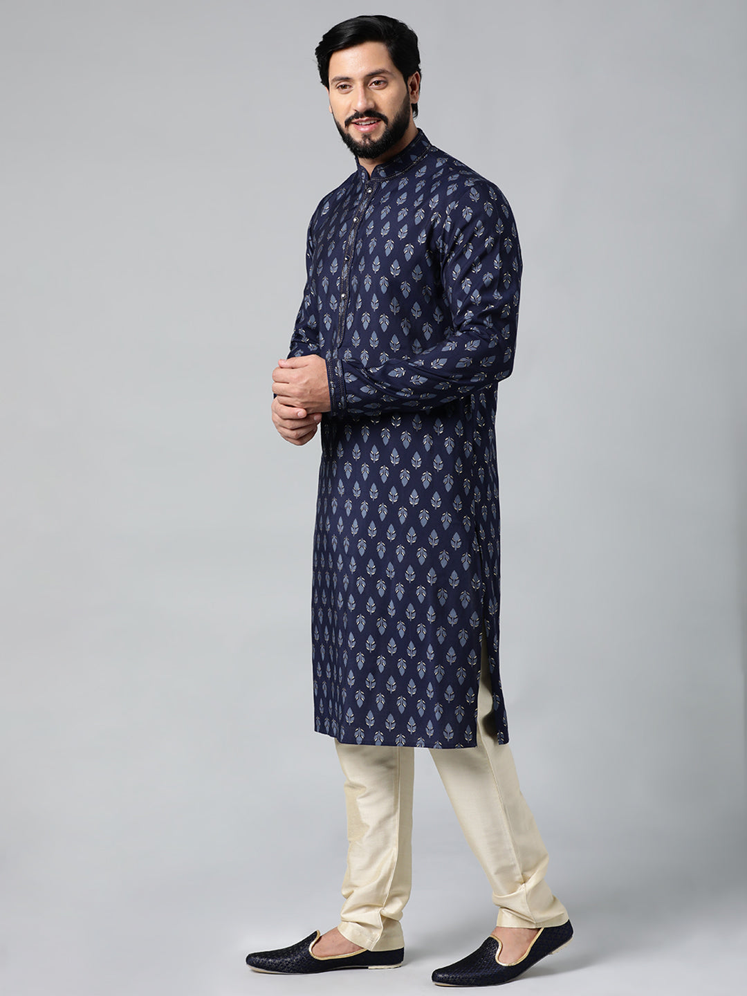 Navy Blue Block Printed Kurta Set