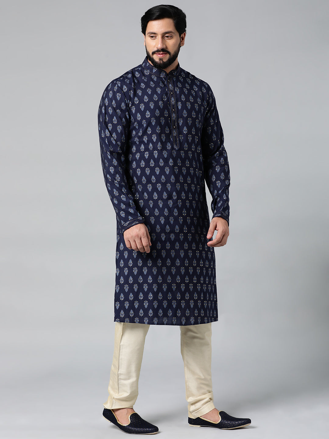 Navy Blue Block Printed Kurta Set