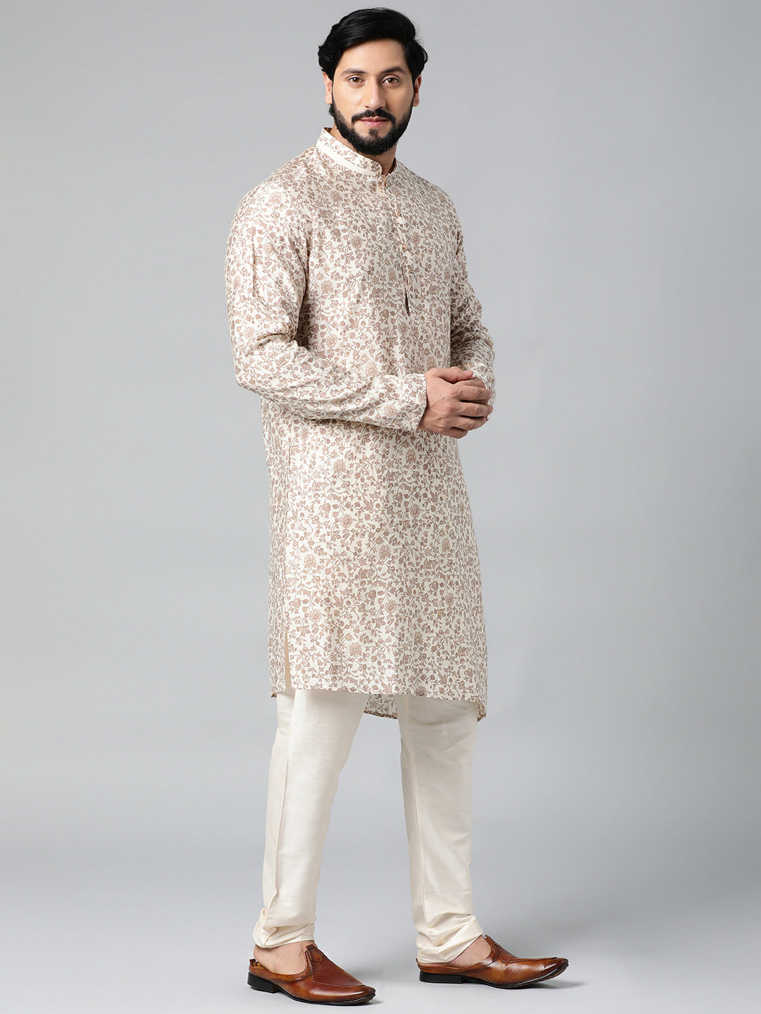 Cream block printed kurta set