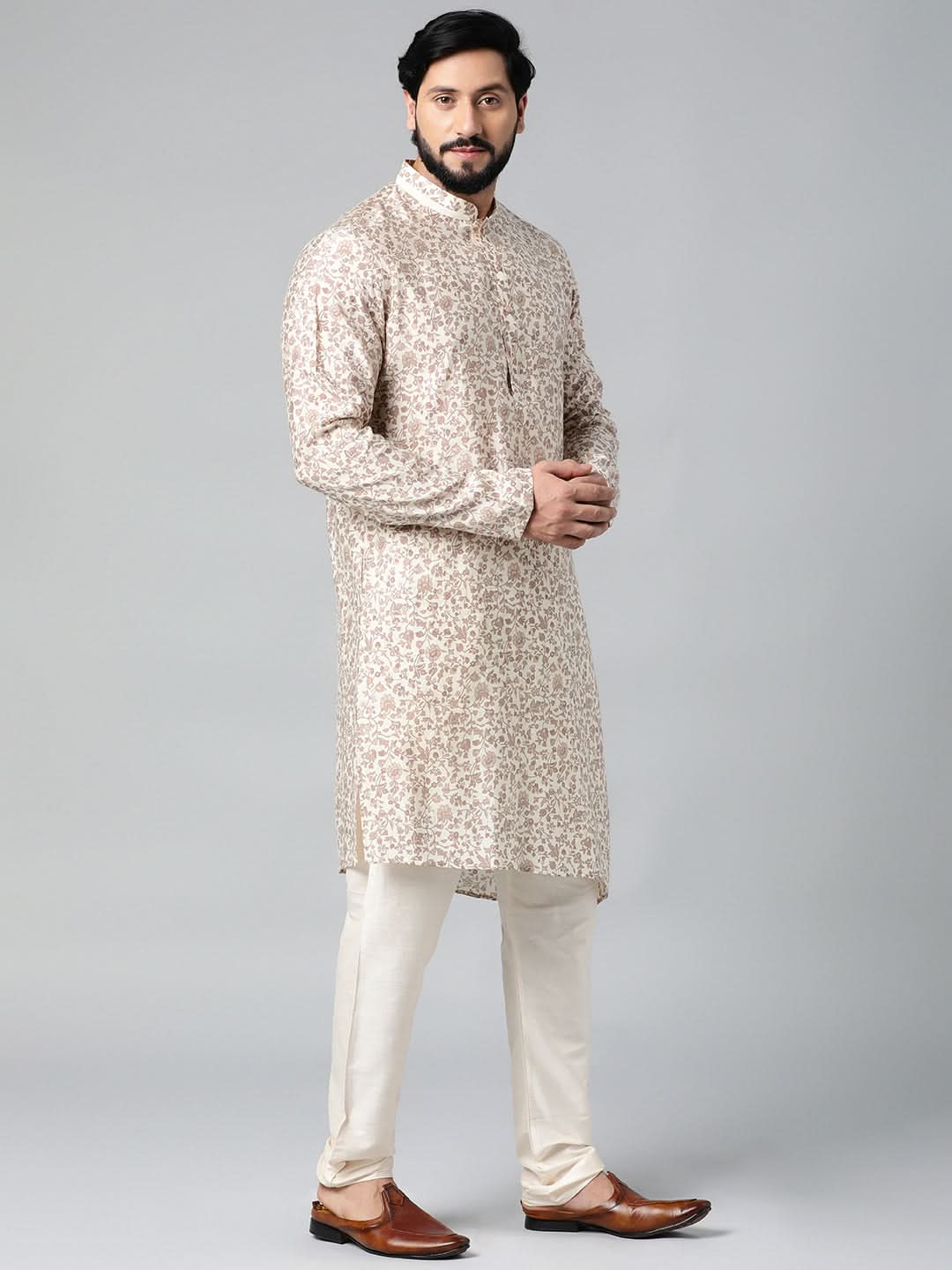 Cream block printed kurta set