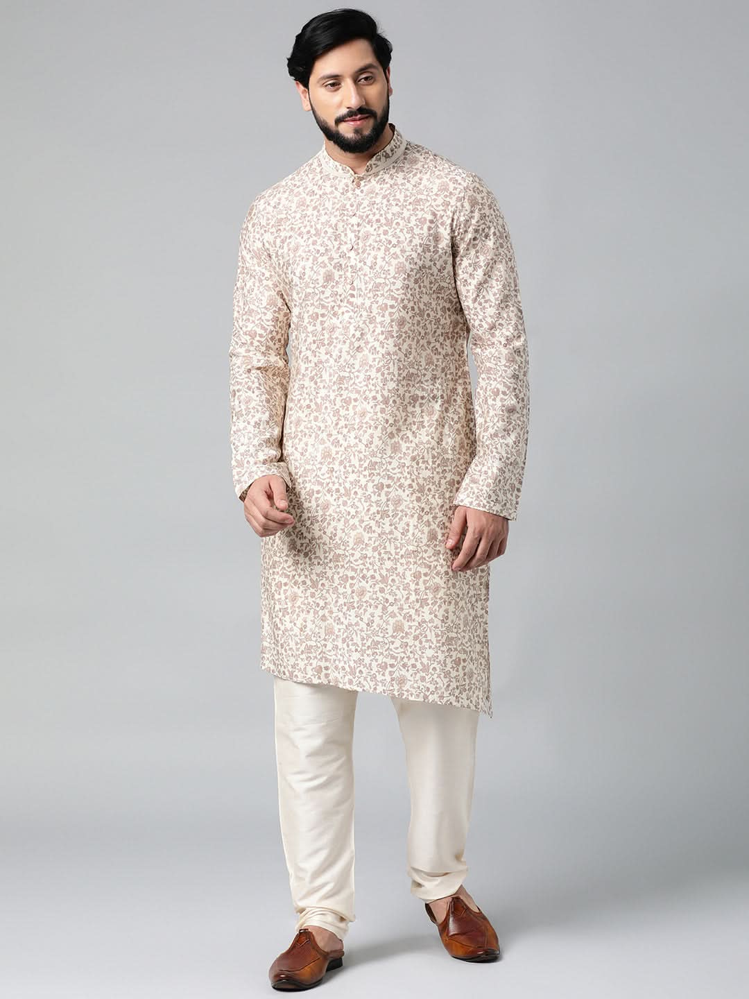 Cream block printed kurta set