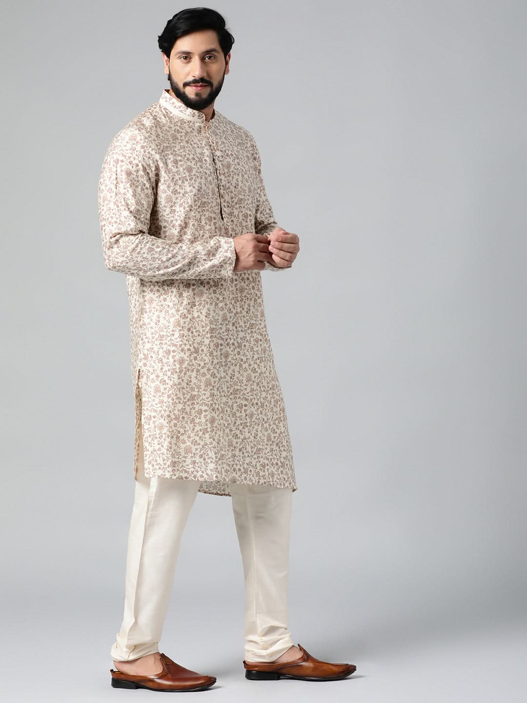 Cream block printed kurta set