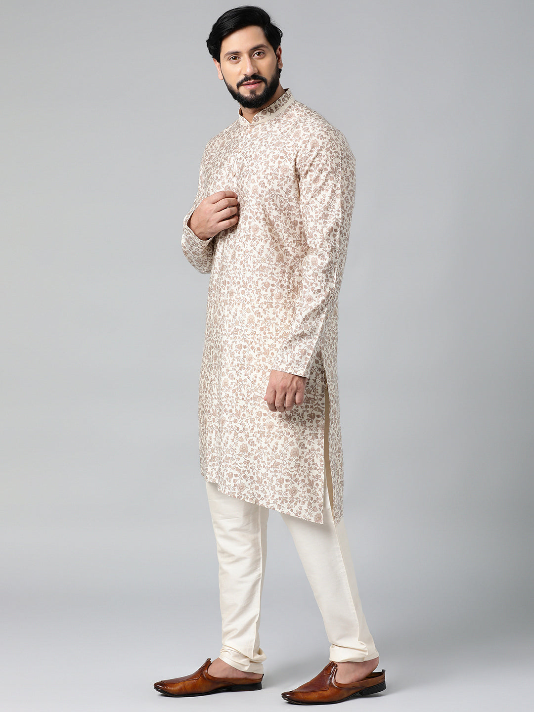 Cream block printed kurta set