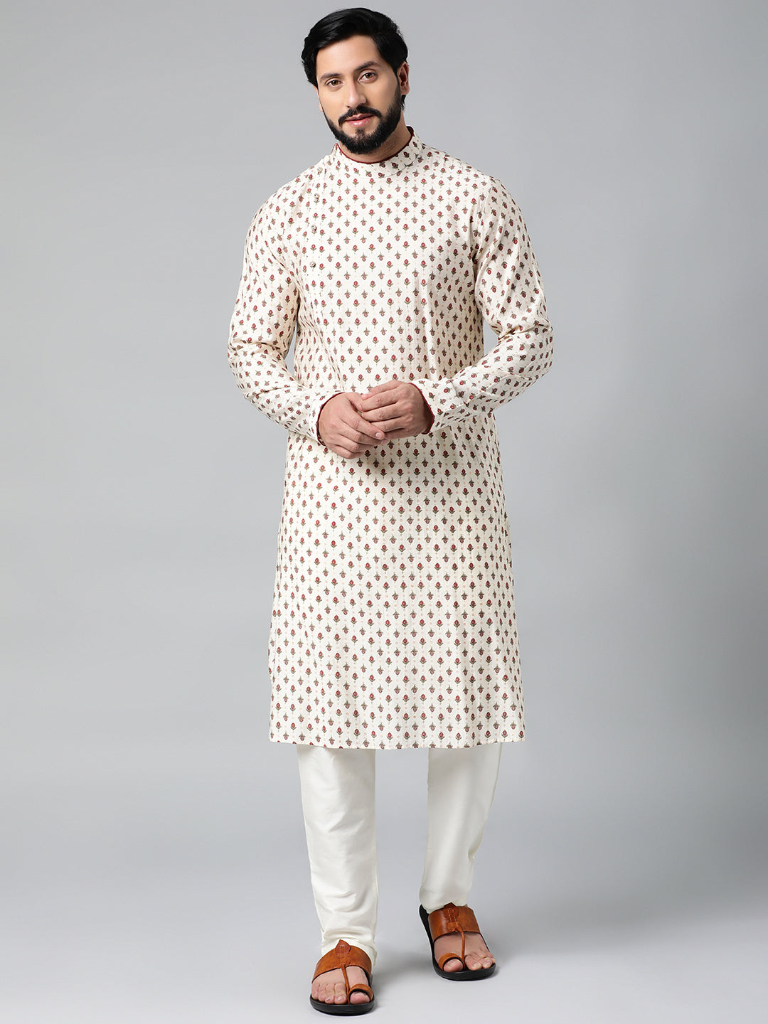 Cream Sanganeri Print Side Open Kurta Set
