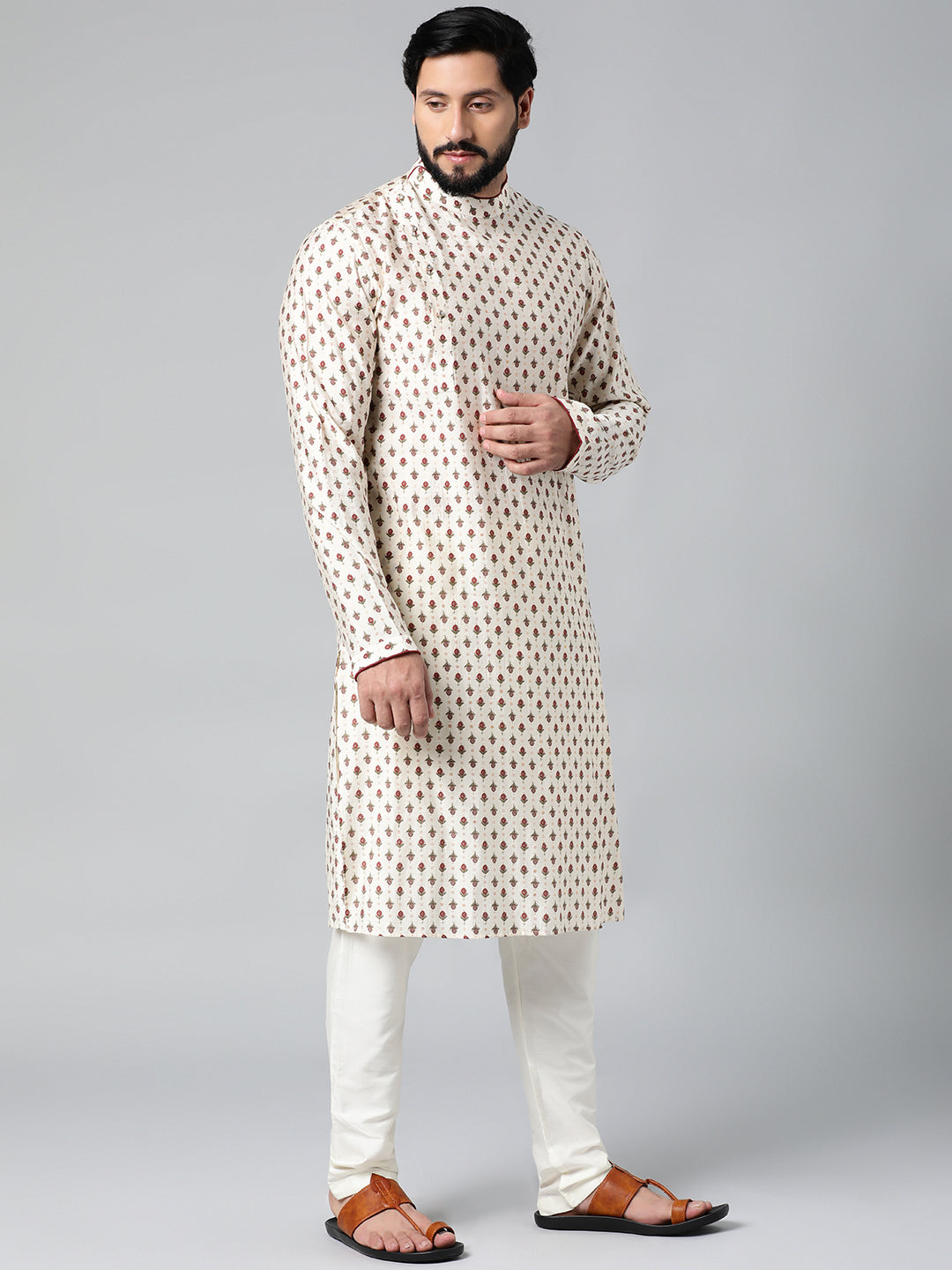 Cream Sanganeri Print Side Open Kurta Set