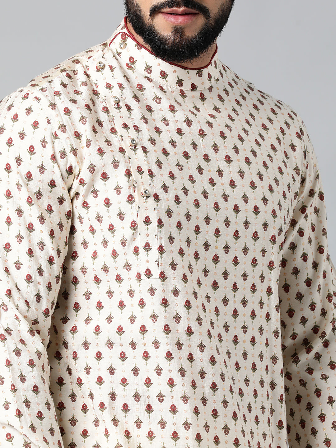 Cream Sanganeri Print Side Open Kurta Set
