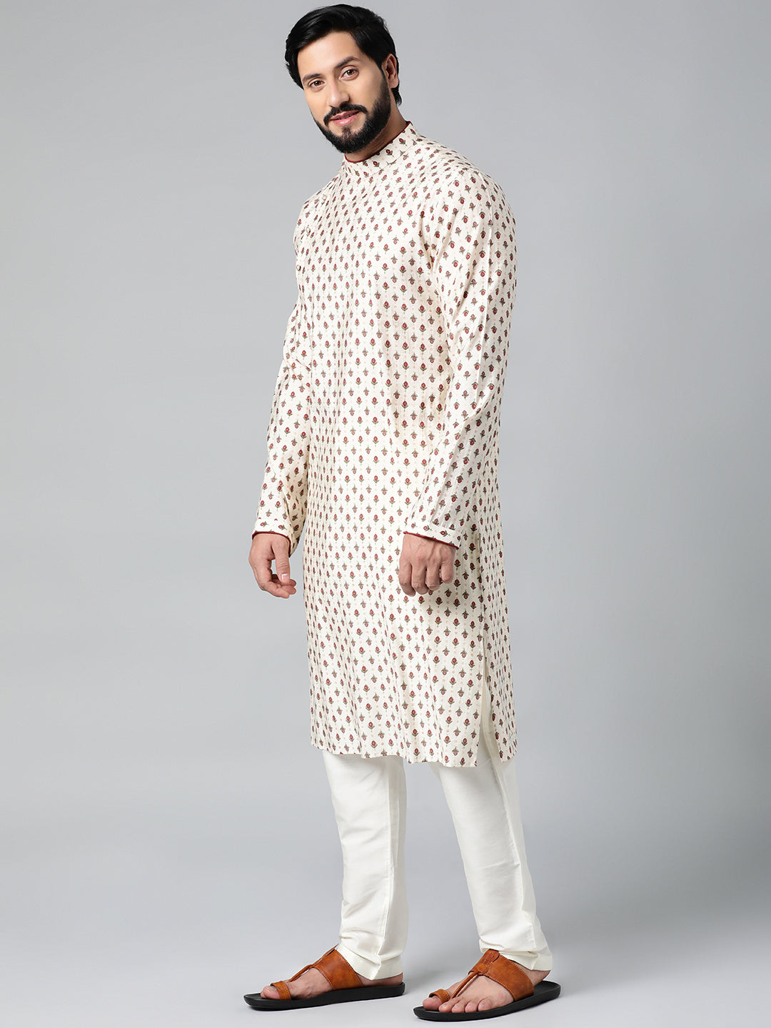 Cream Sanganeri Print Side Open Kurta Set