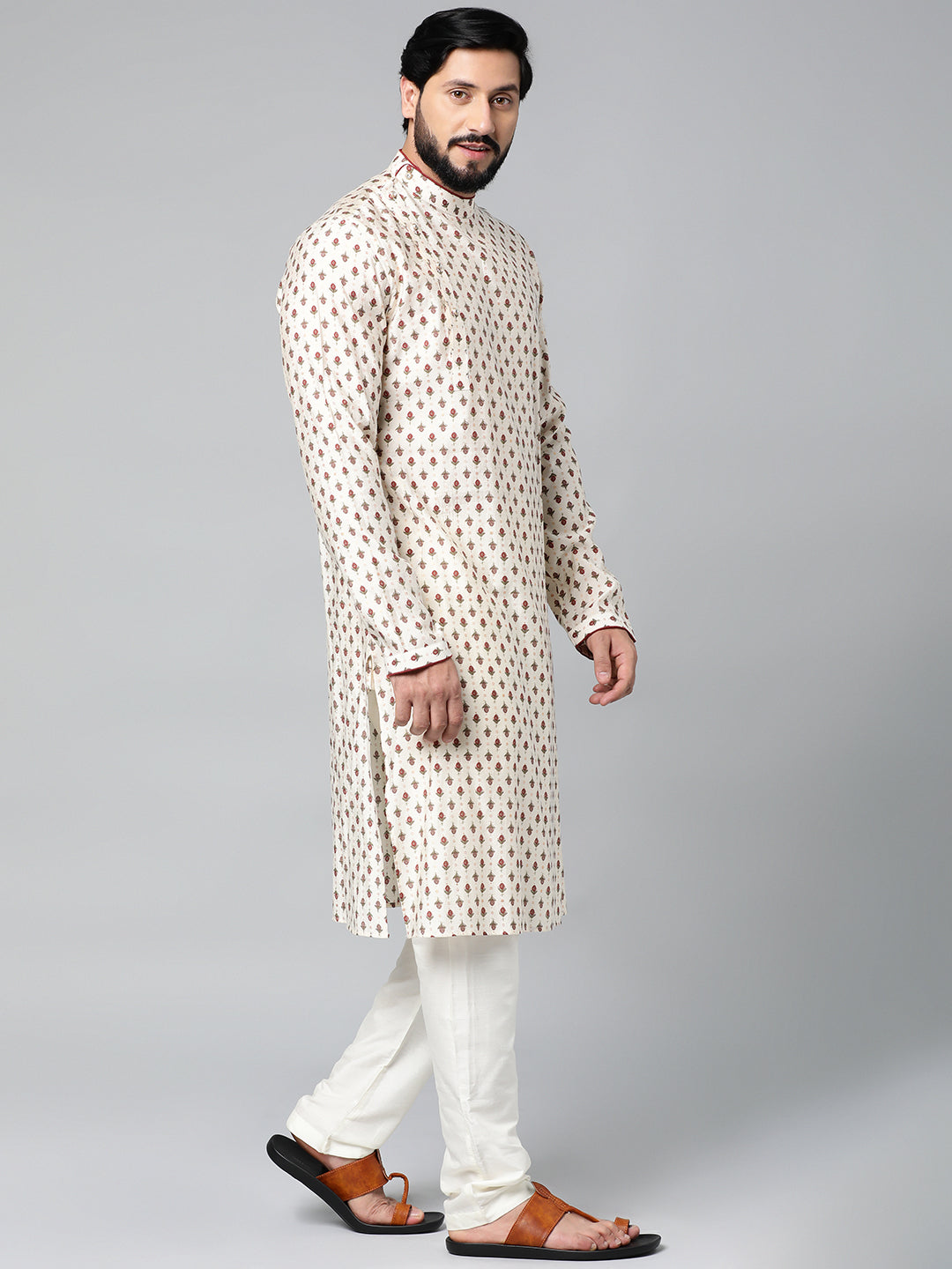Cream Sanganeri Print Side Open Kurta Set