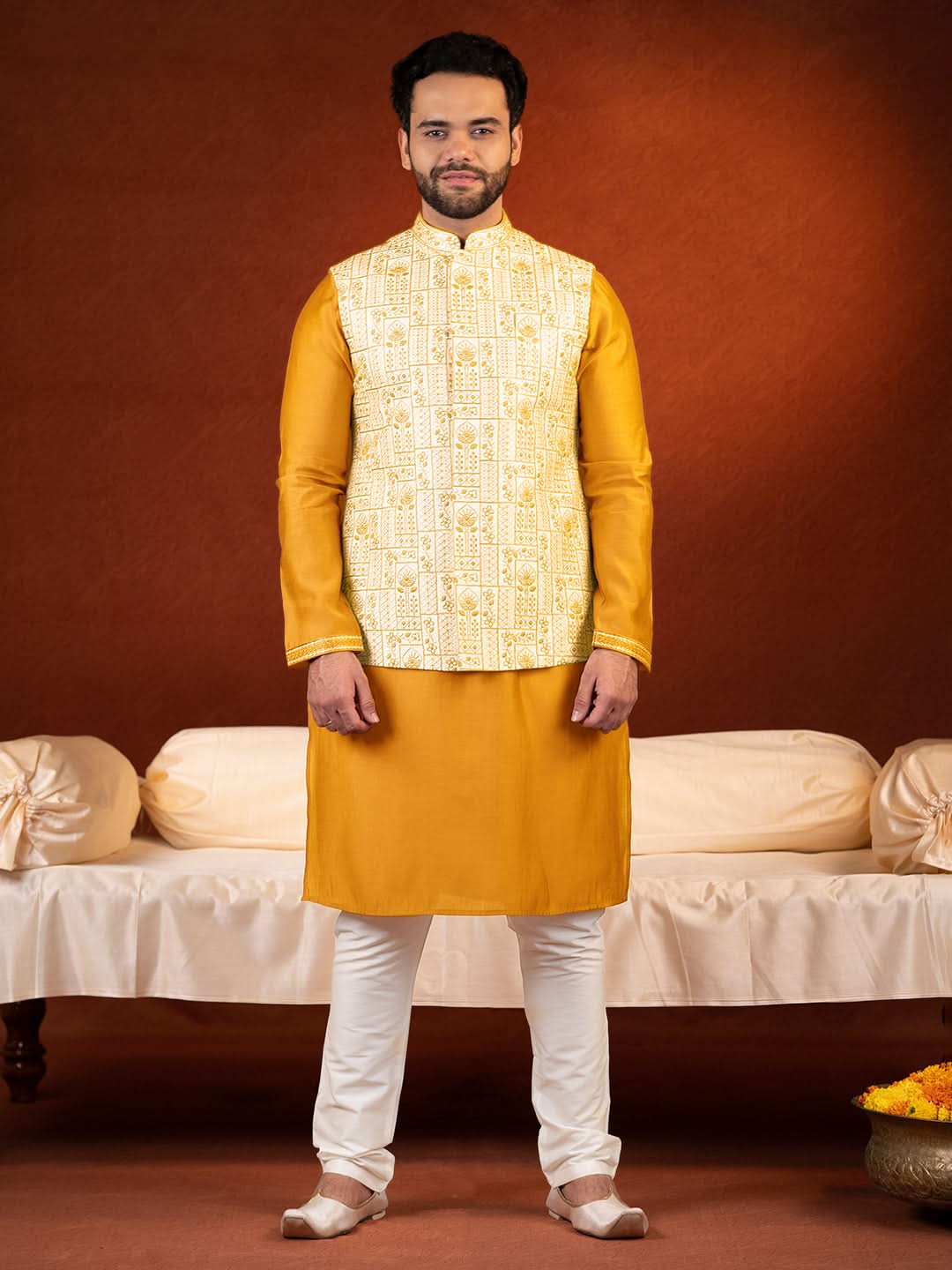 Cream Mustard Embroidered Jacket & Kurta Set