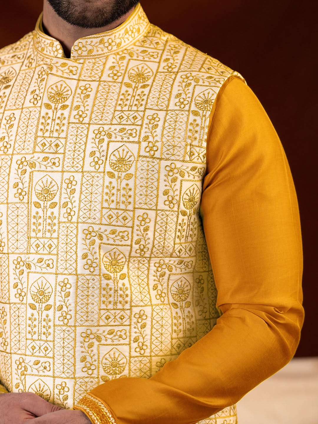 Cream Mustard Embroidered Jacket & Kurta Set