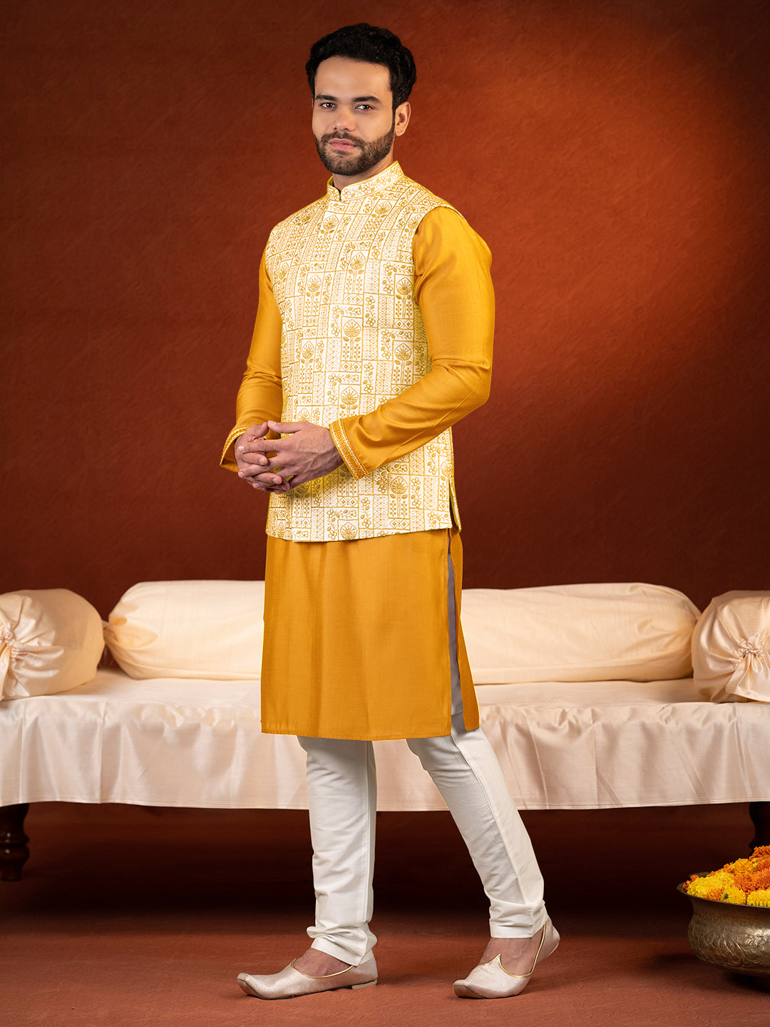 Cream Mustard Embroidered Jacket & Kurta Set