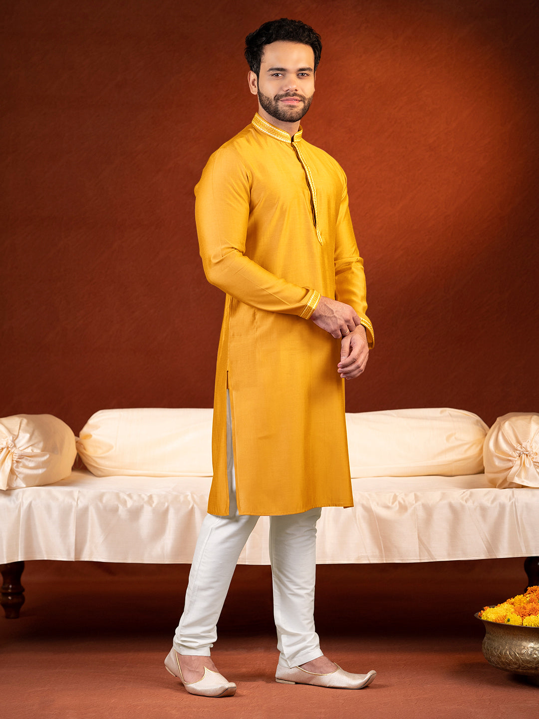 Cream Mustard Embroidered Jacket & Kurta Set