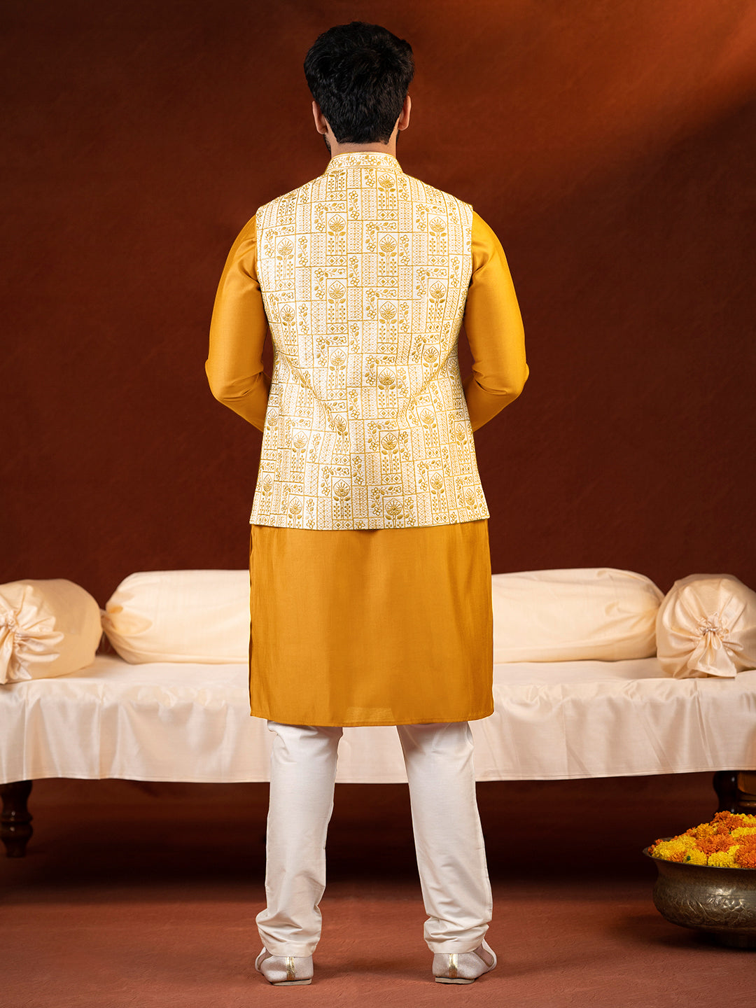 Cream Mustard Embroidered Jacket & Kurta Set