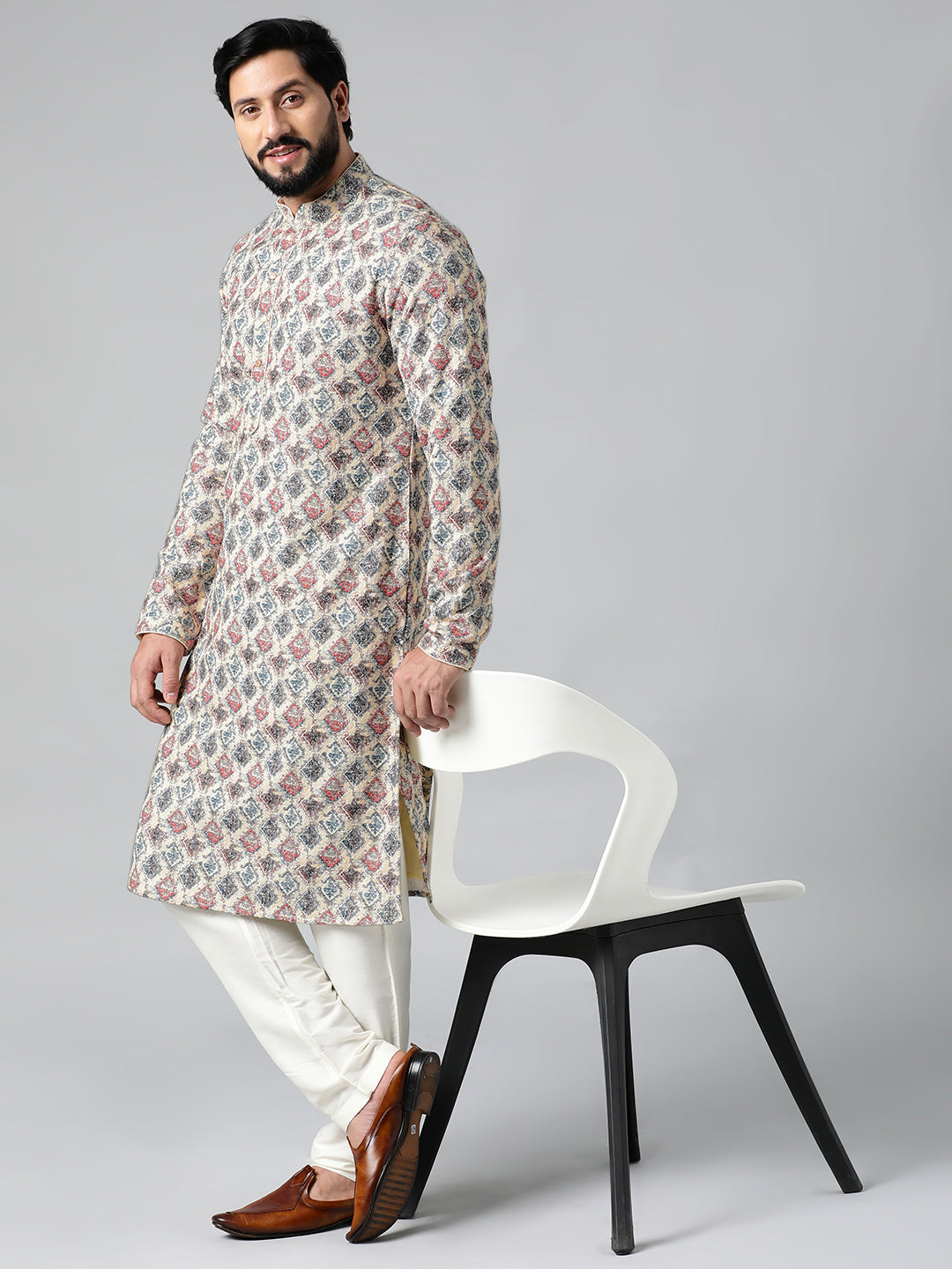 Cream Printed Chikankari Kurta Set
