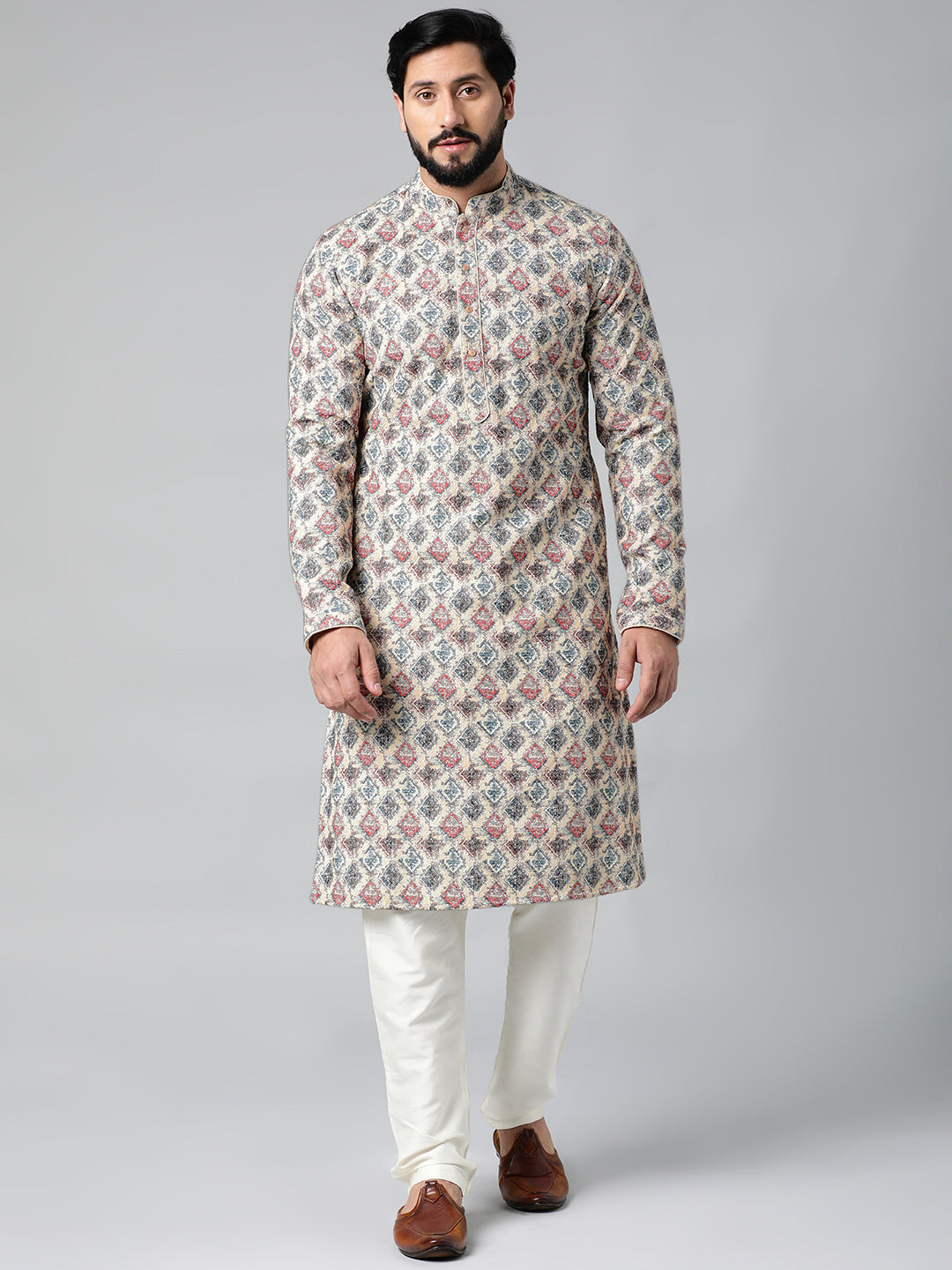 Cream Printed Chikankari Kurta Set