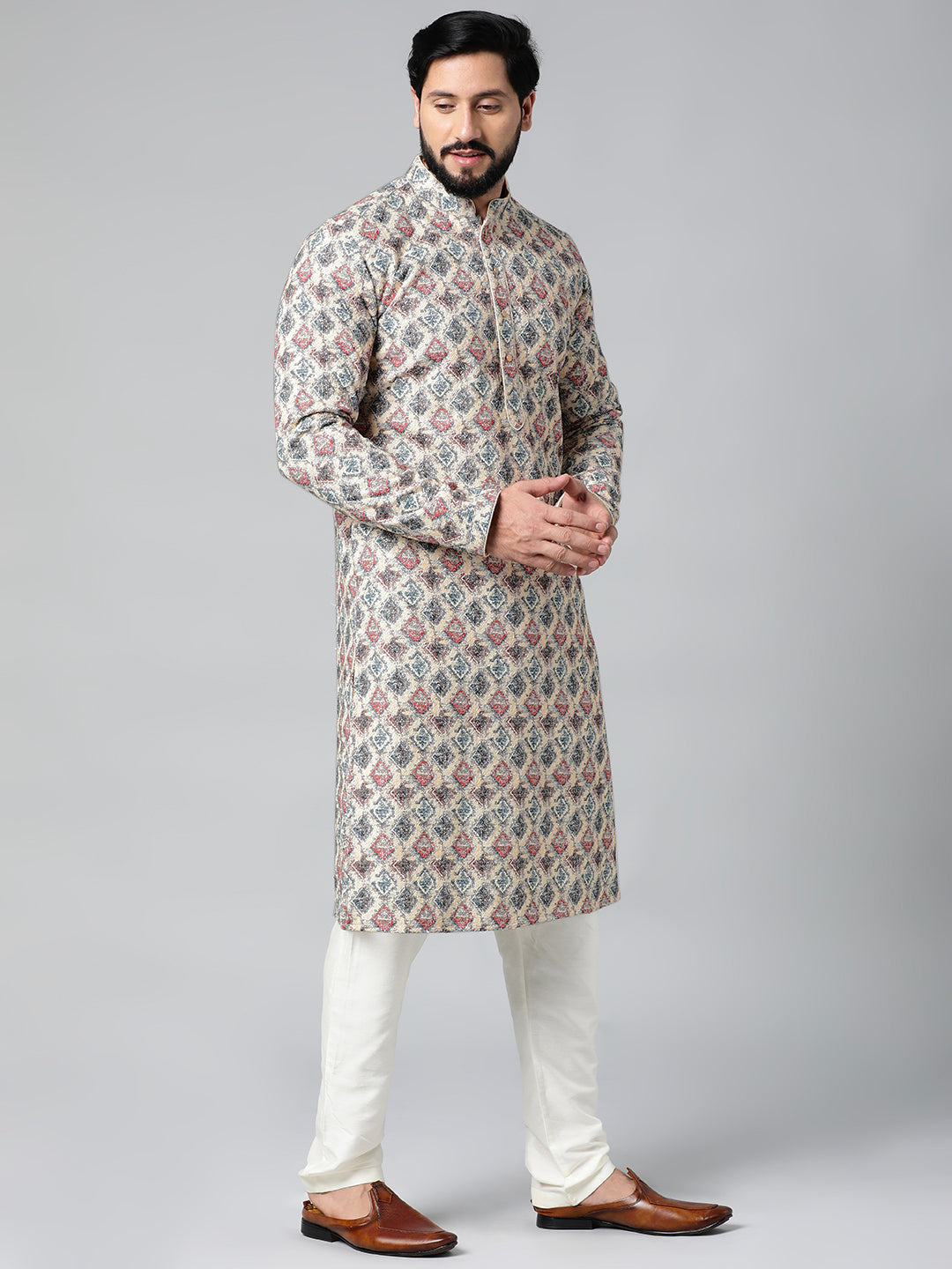 Cream Printed Chikankari Kurta Set
