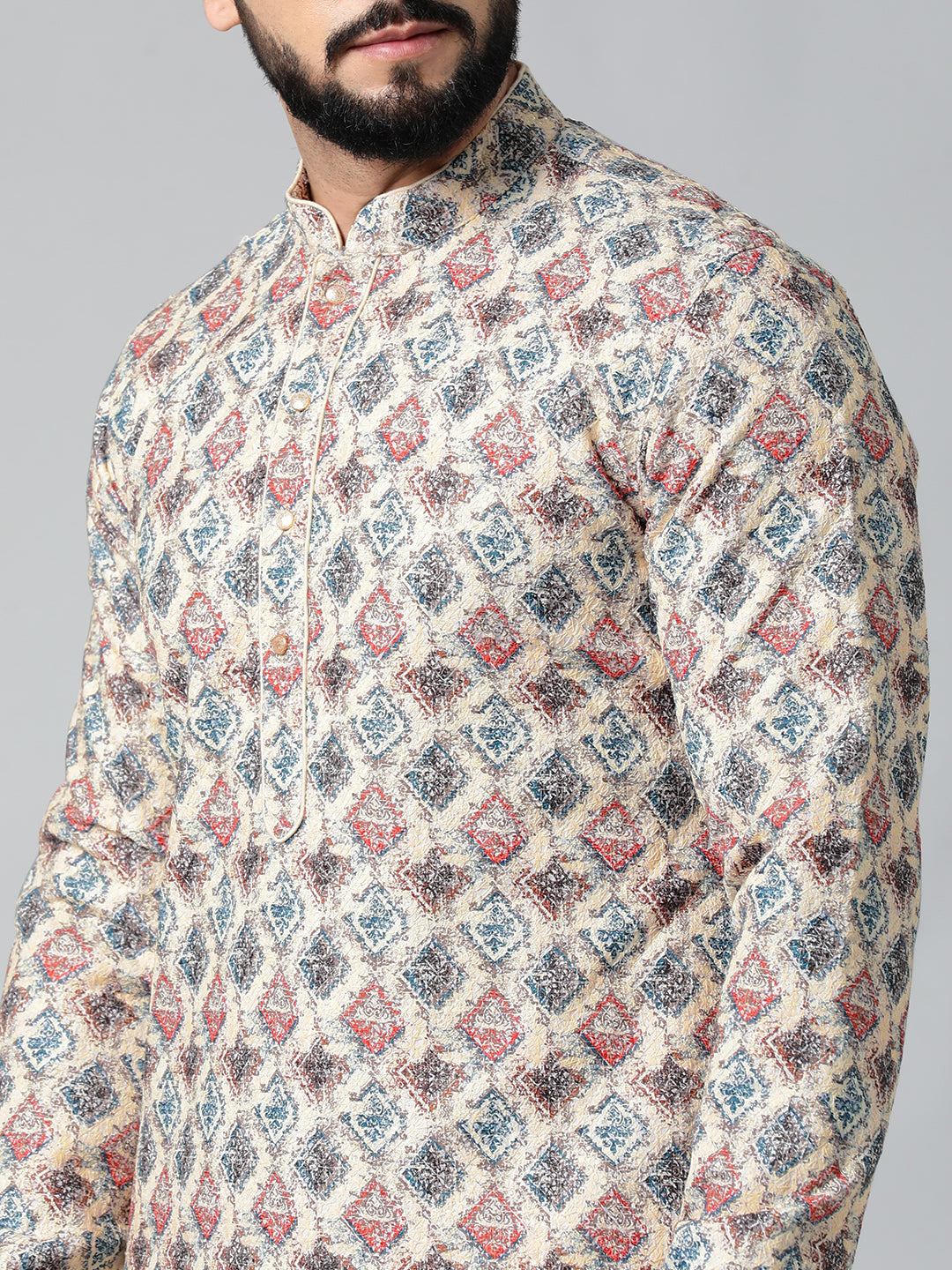 Cream Printed Chikankari Kurta Set