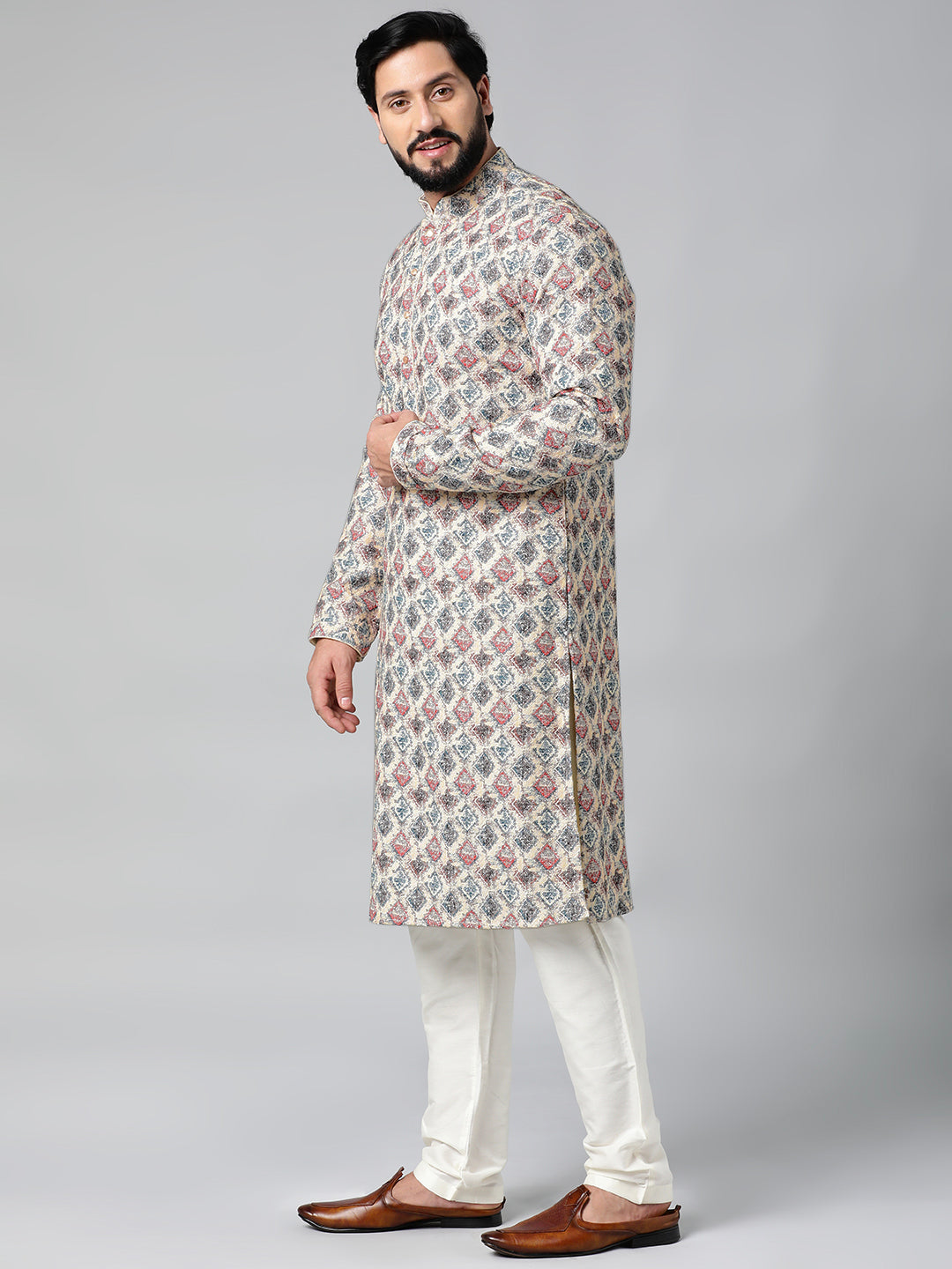 Cream Printed Chikankari Kurta Set