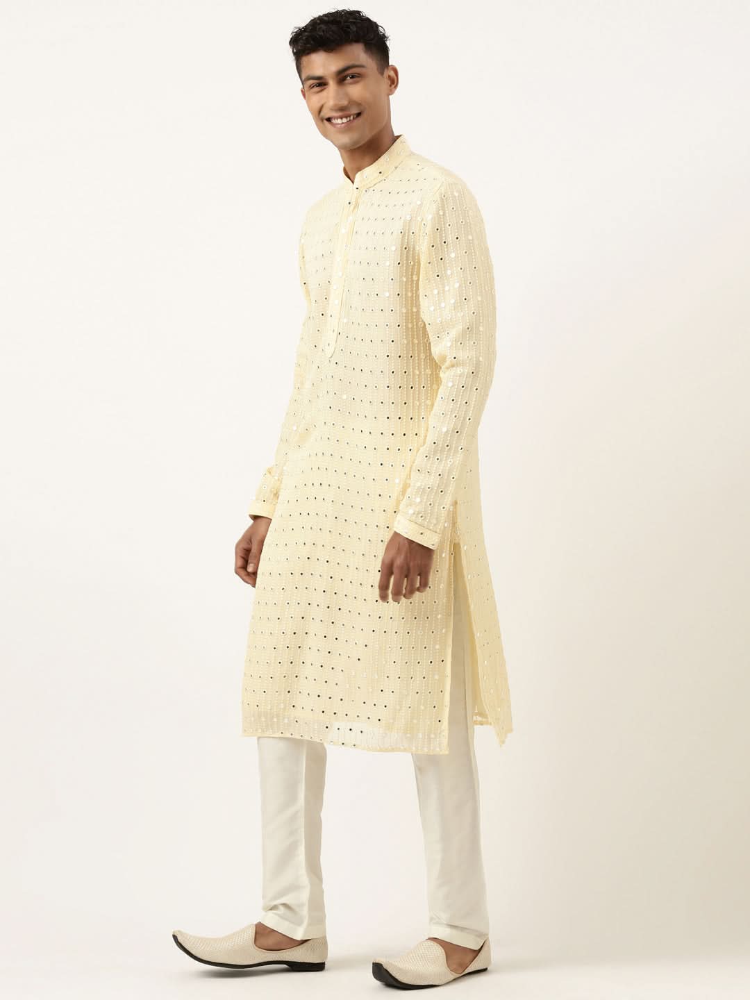 Lemon Yellow Mirror Embroidered Kurta Set