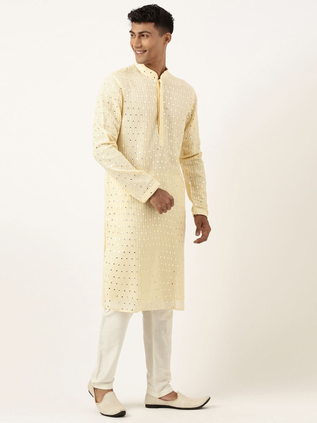 Lemon Yellow Mirror Embroidered Kurta Set