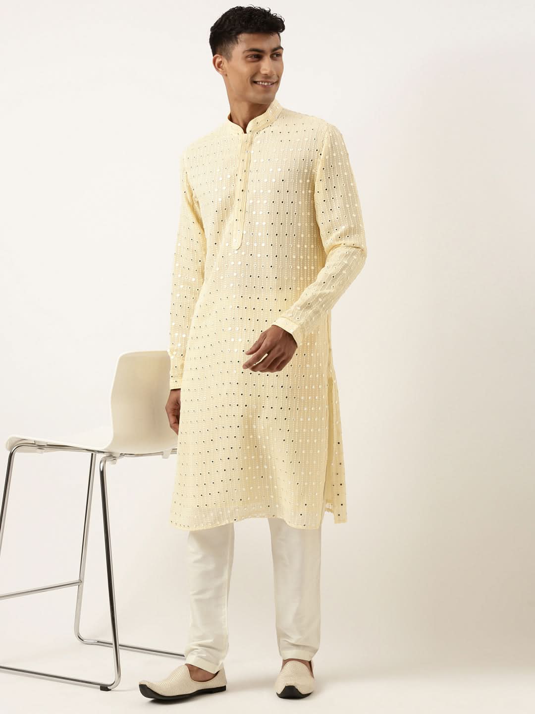 Lemon Yellow Mirror Embroidered Kurta Set