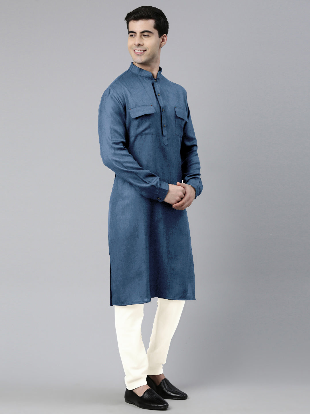 Denim Blue Cotton Pathani Kurta Set with Patch pocket