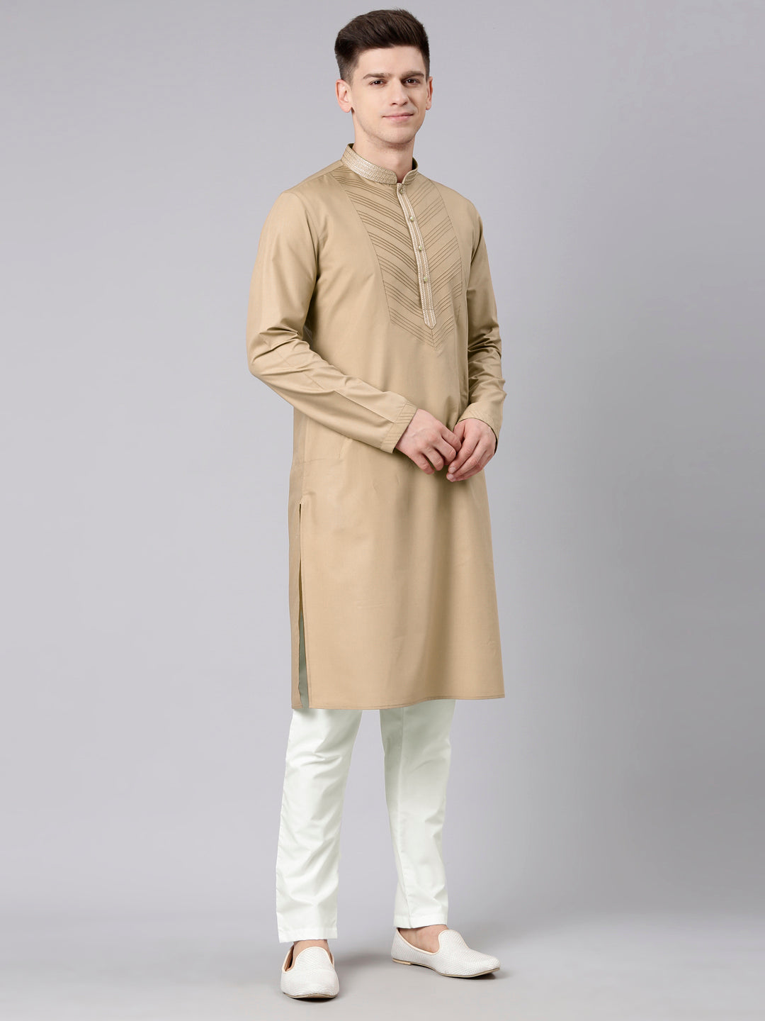 Beige Pleated Cotton Kurta Set